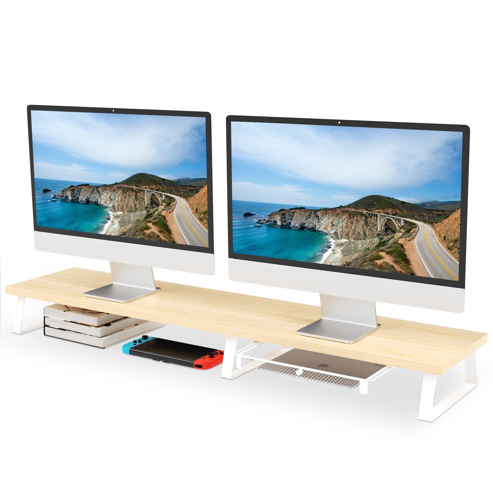 Aothia Large Dual Monitor Stand Riser - Solid Wood Desk Shelf with Metal Legs, Desk Organizer with Drawer & Storage for PC, Printer, TV, Laptop | Perfect for Home Office, Gaming Setup & Workspace Organization (Oak)