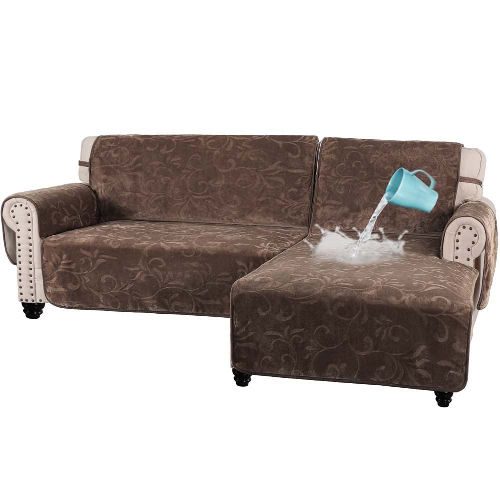 YXZN Velvet Left Sectional Sofa Slipcover - 100% Waterproof Chaise Lounge Cover, Couch Protector with Straps for Pets & Kids - X-Large Brown Furniture Cover for Dogs, Cats & Family Use - Perfect for Living Room, Home Theater & Pet-Friendly Spaces
