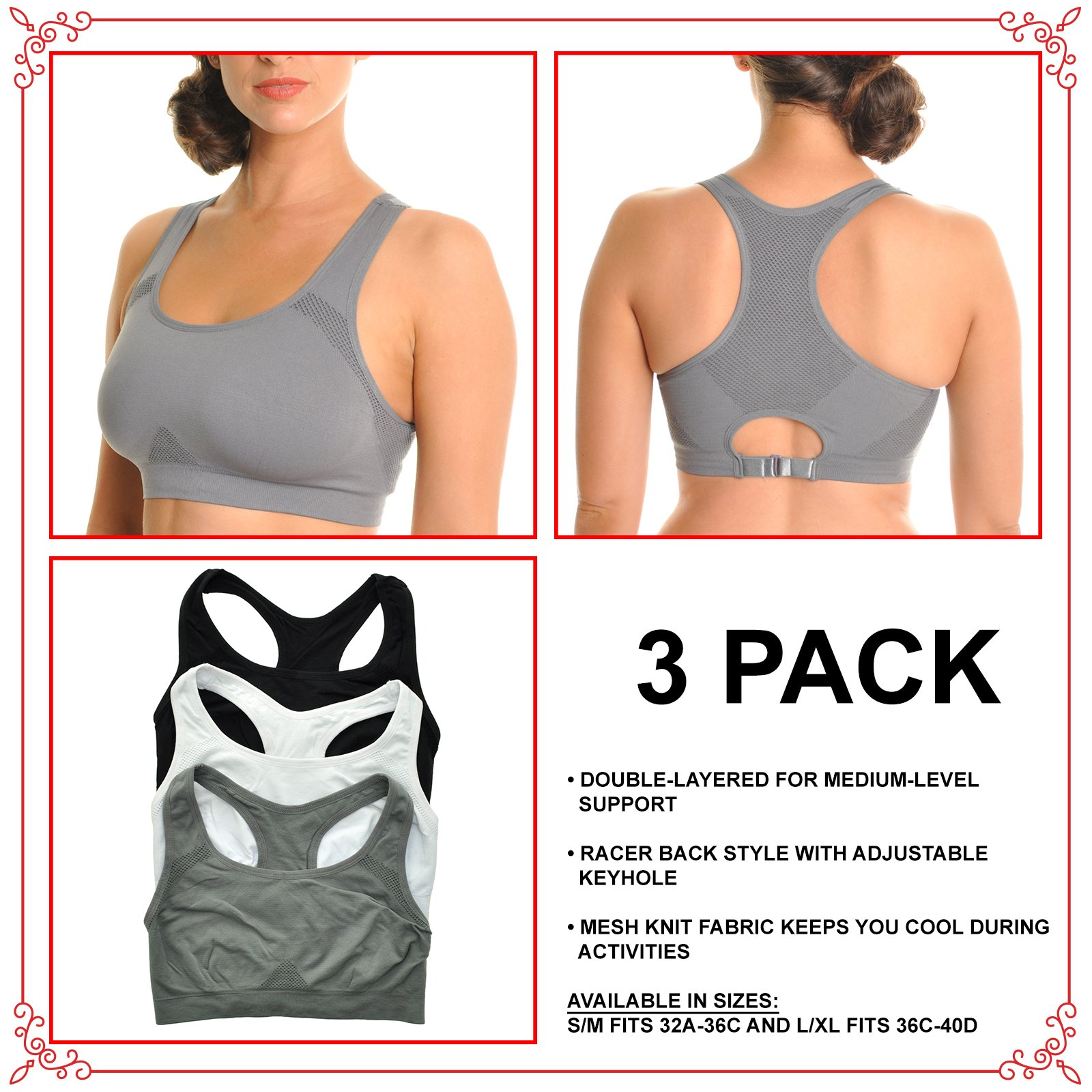 Angelina Women's Seamless Double Layer Racerback Sports Bras 3-Pack - Breathable Workout Tops for Yoga, Running & Gym - Plus Size Activewear for High Impact Support