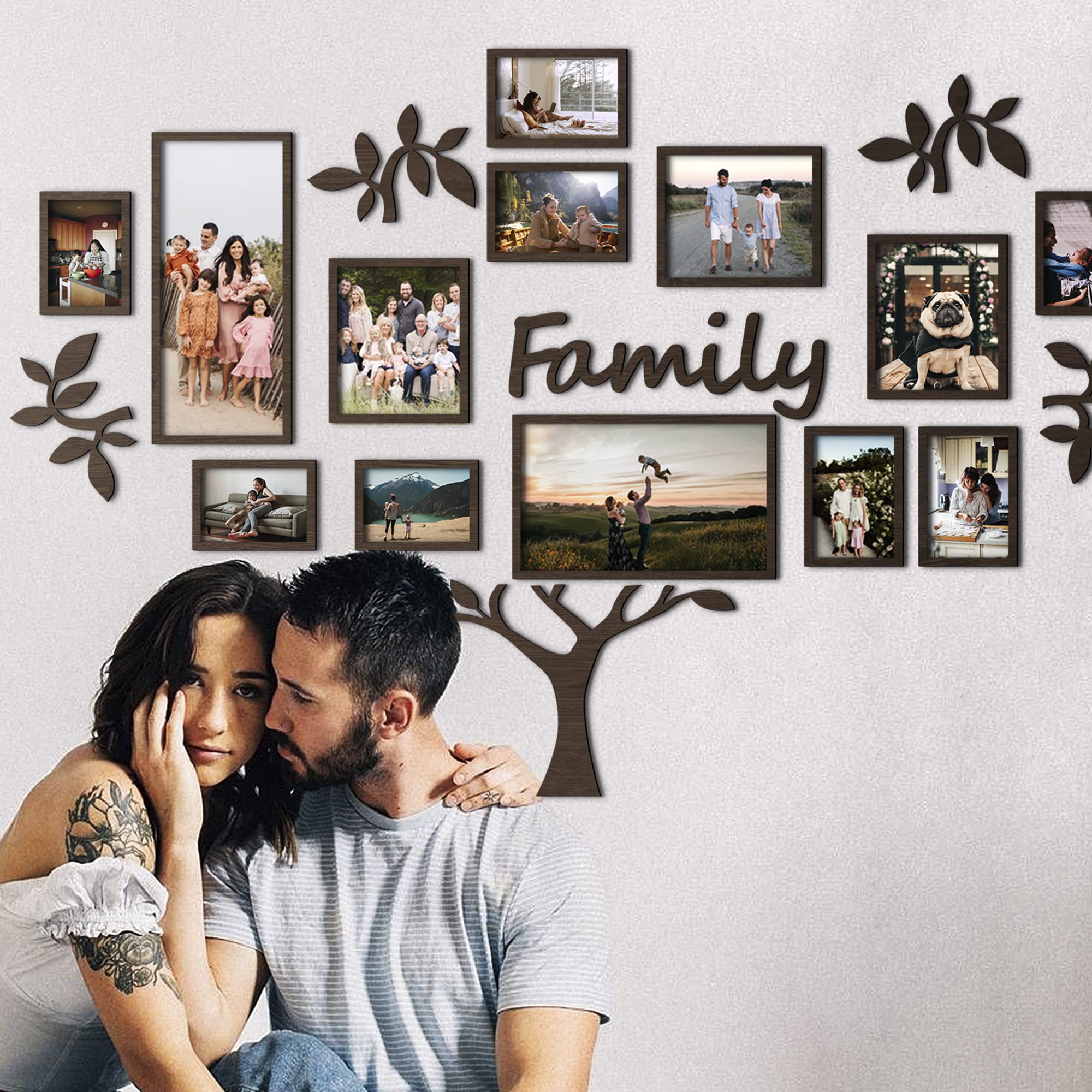 82.6x51.9 Inch Large Wooden Family Tree Wall Art with Photo Frames - DIY Wall Decor for Living Room, Nursery & Home - Dark Walnut Photo Collage Tree for Family Memories & Baby Room Decor