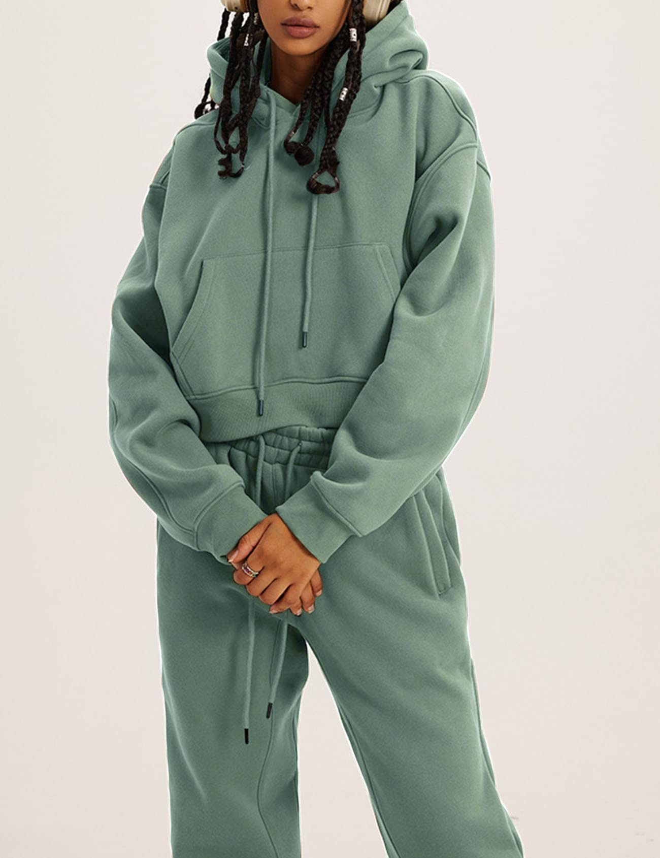 COZYPOIN Women's Fleece 2-Piece Sweatsuit Set - Soft Crop Top & Jogger Pants with Hoodie - Comfy Lounge Wear for Home, Gym & Outdoor Activities