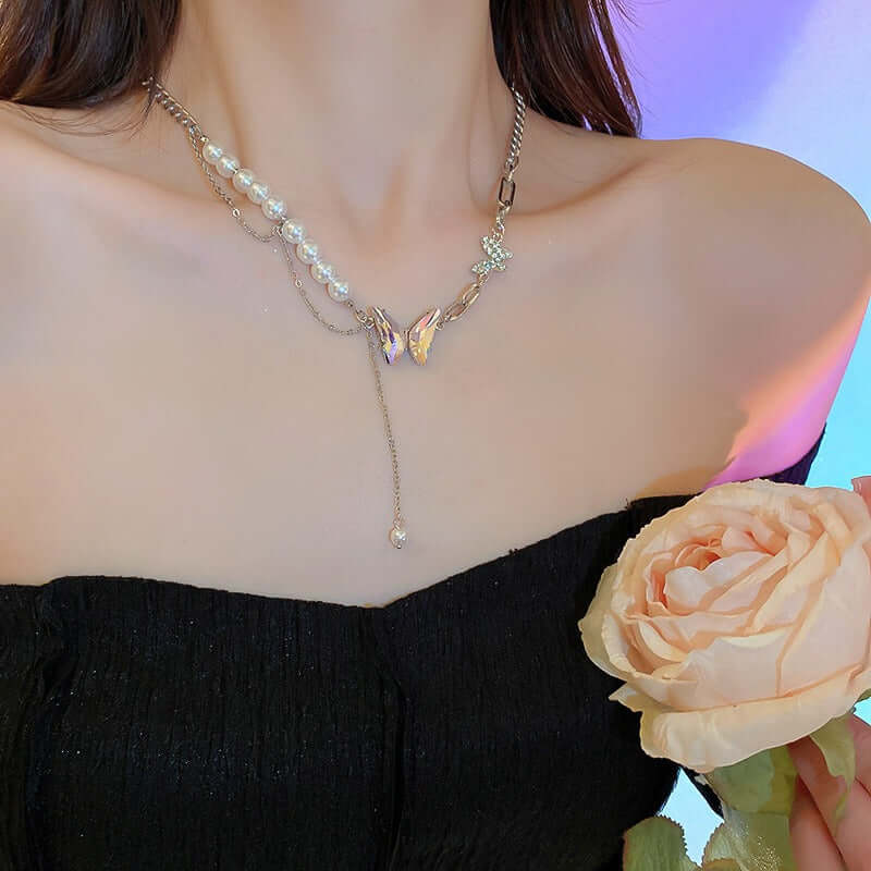 Chunky Pearl Bead Butterfly Half Chain Tassel Necklace for Women | Elegant Boho Jewelry Gift | Perfect for Parties, Weddings & Date Nights | HN2348