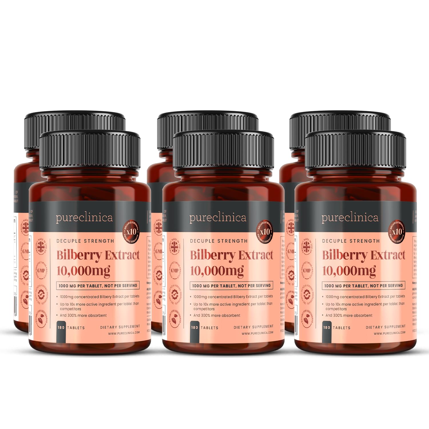 PureClinica Bilberry Extract 10,000mg - 1080 Tablets (6 Bottles x 180) with 10X More Anthocyanidins - Supports Eye Health & Antioxidant Benefits for Vision Care and Night Vision Enhancement