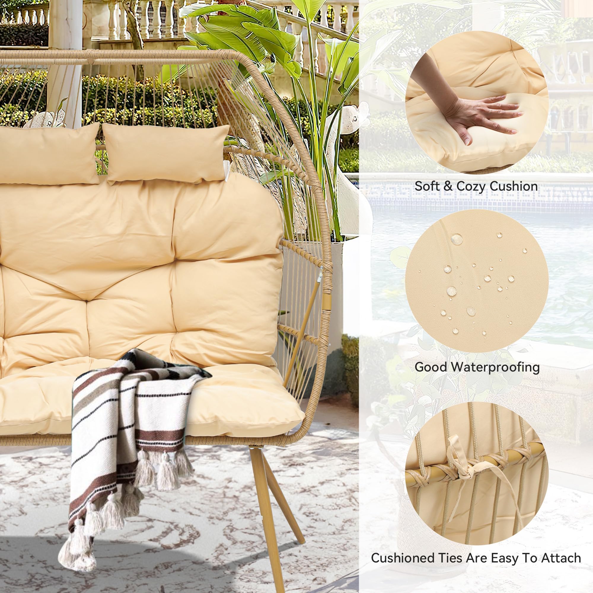 YITAHOME Oversized Double Egg Chair with Padded Cushions - Indoor/Outdoor Wicker Loveseat, Extra Large Lounge Chair for Patio, Bedroom, Garden & Balcony - Supports 510lbs - Beige - Perfect for Relaxing, Reading & Sunbathing