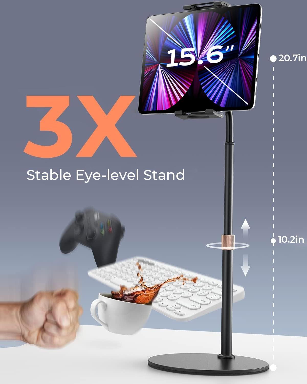 Adjustable iPad Stand for Desk - Portable Monitor Stand Holder Compatible with iPad Pro 12.9/10.9/10.2, Air, Mini (4/3/2), Fire Tablet, Nexus & Kindle (4.7