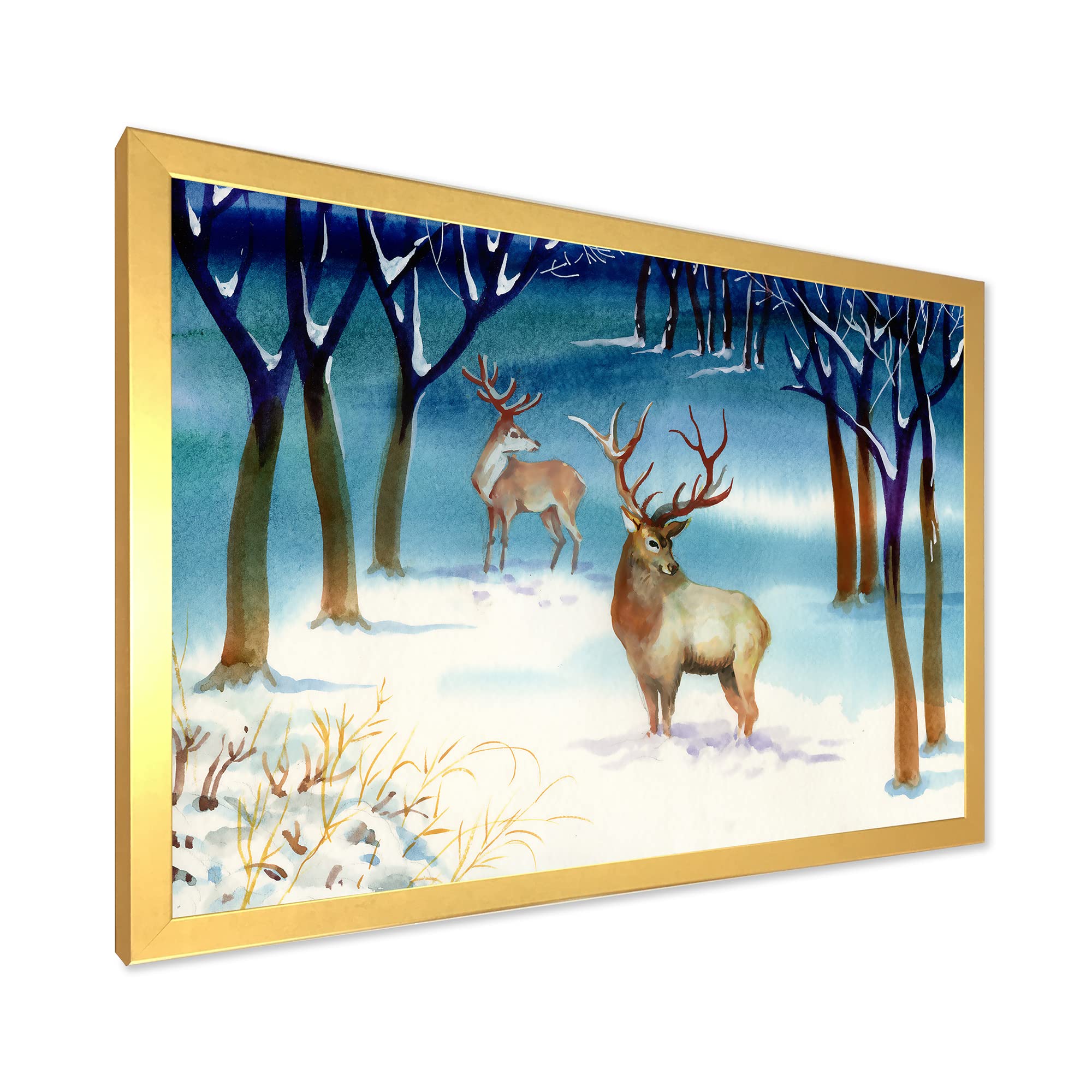 DesignQ Winter Landscape With Deer Traditional Framed Wall Art - Nature Inspired Home Decor for Living Room, Bedroom & Office