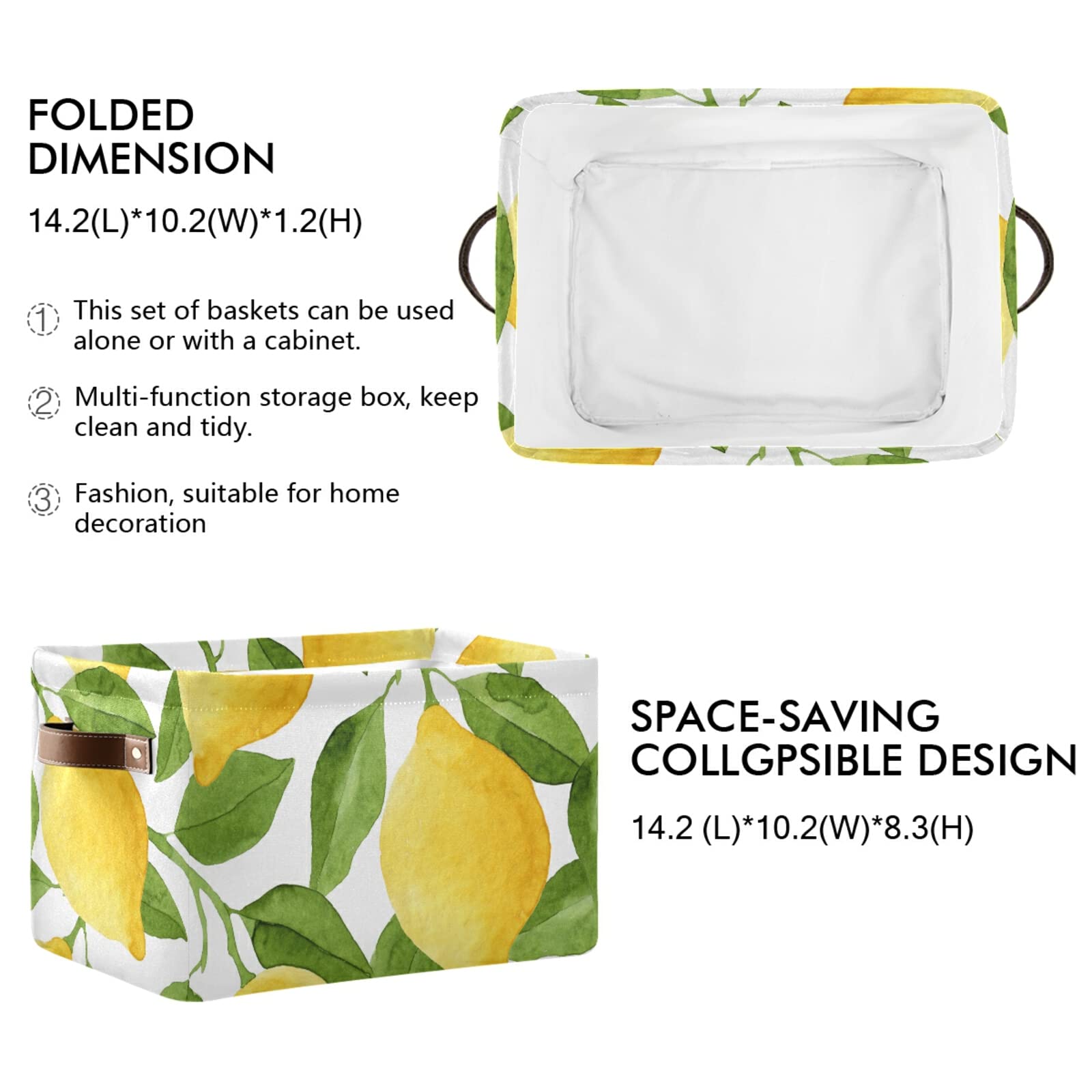 Susiyo 2-Pack Yellow Lemon Green Leaves Canvas Storage Bins - 14 x 10 Inch Fabric Baskets for Shelves, Closet & Home Organization | Perfect for Bedroom, Bathroom & Nursery Storage