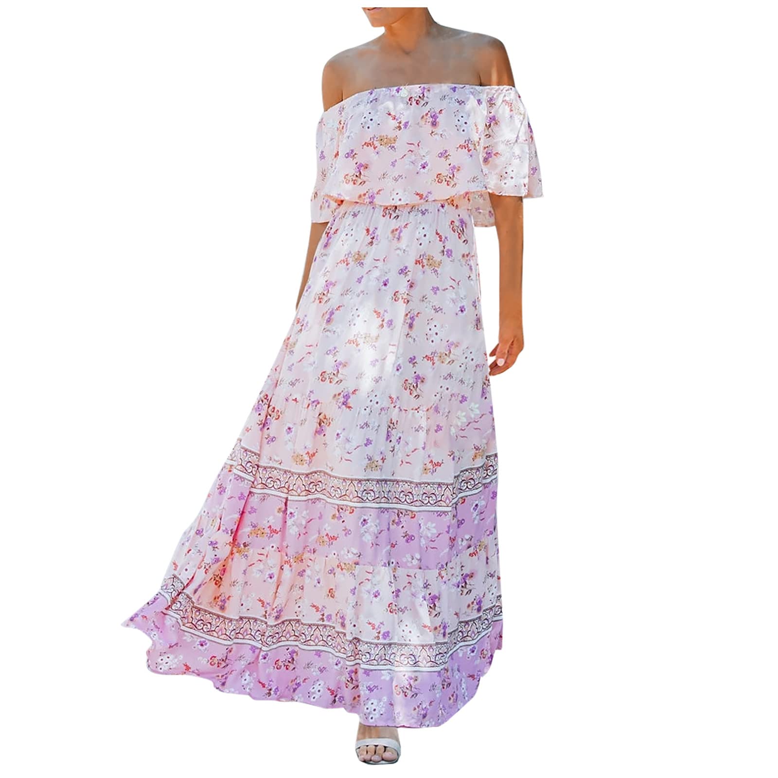Ceimmol Women's Mexican Off Shoulder Floral Print Dress - Summer Party, Casual Wear & College Graduation Outfit - Perfect for Beach Vacations, Music Festivals and Date Nights