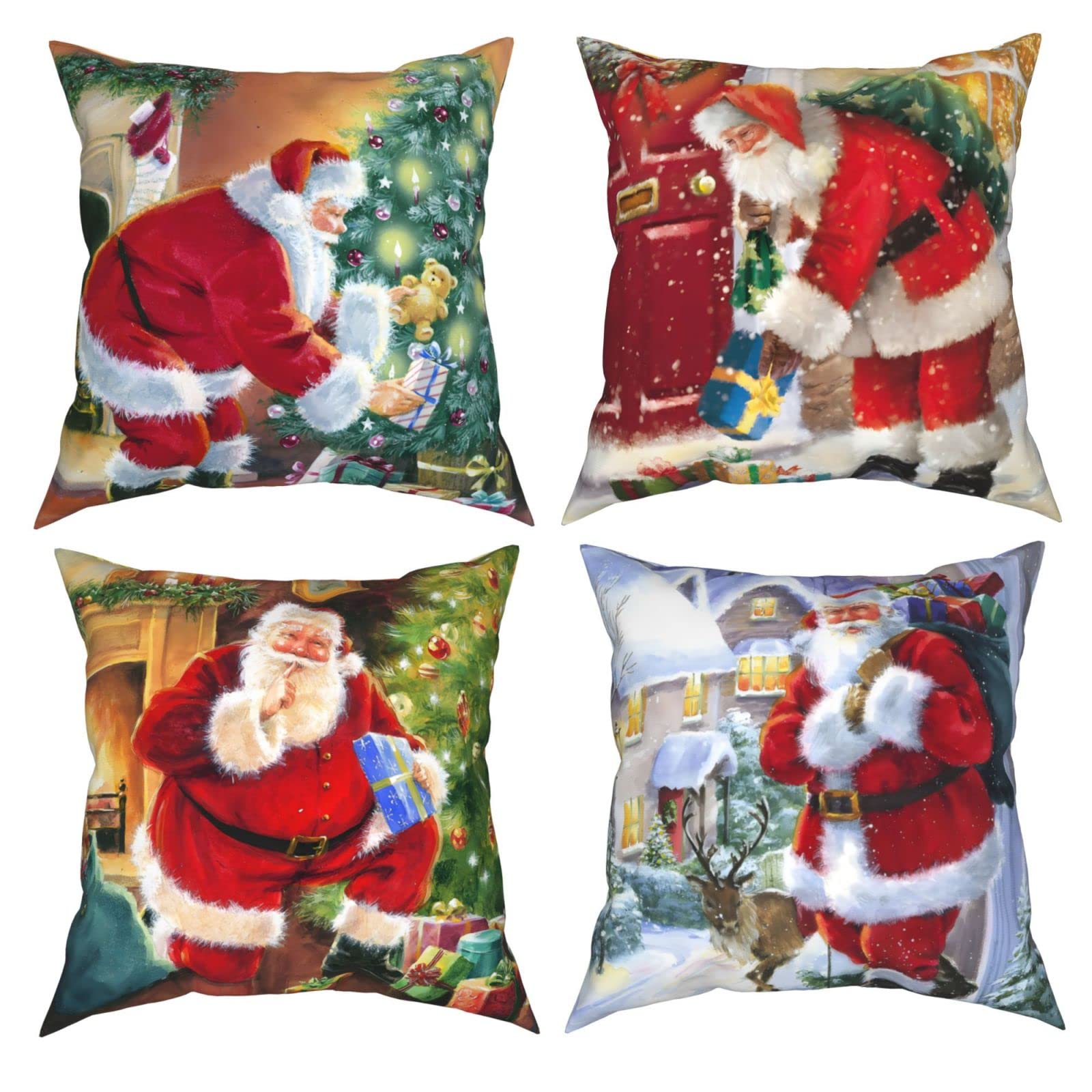 18x18 Christmas Pillow Covers Set of 4 - Holiday Decorations with Santa & Winter Designs for Sofa, Bed & Home Decor - Cozy Throw Pillow Covers for Christmas Season