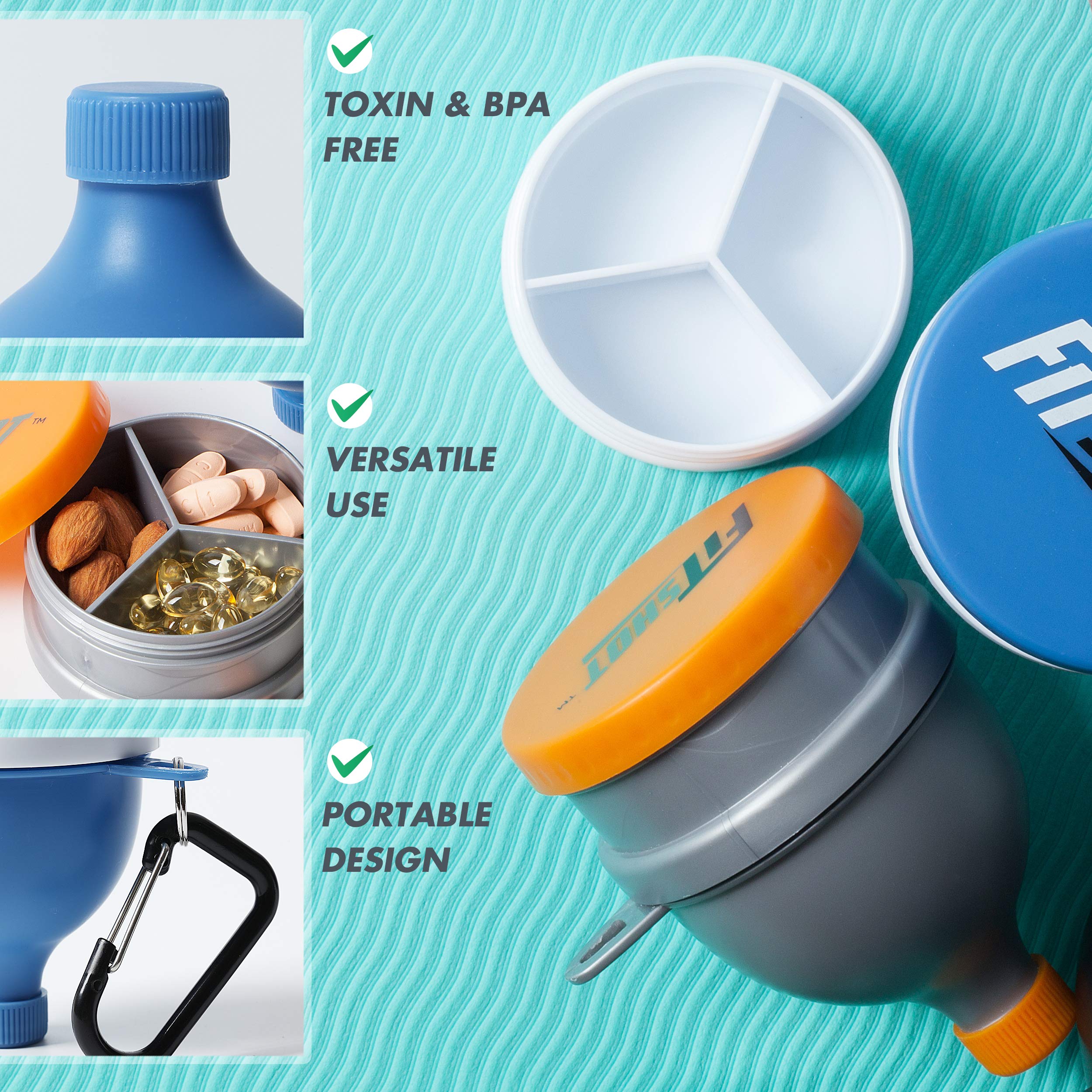 Premium Protein Powder Funnel Set - 4 Pack BPA-Free Supplement Funnels with Keychain & 120ml Pillbox | 2-in-1 Portable Design for Gym, Travel & Home Use | Ideal for Protein Shakes, Pre-Workout & Supplement Storage