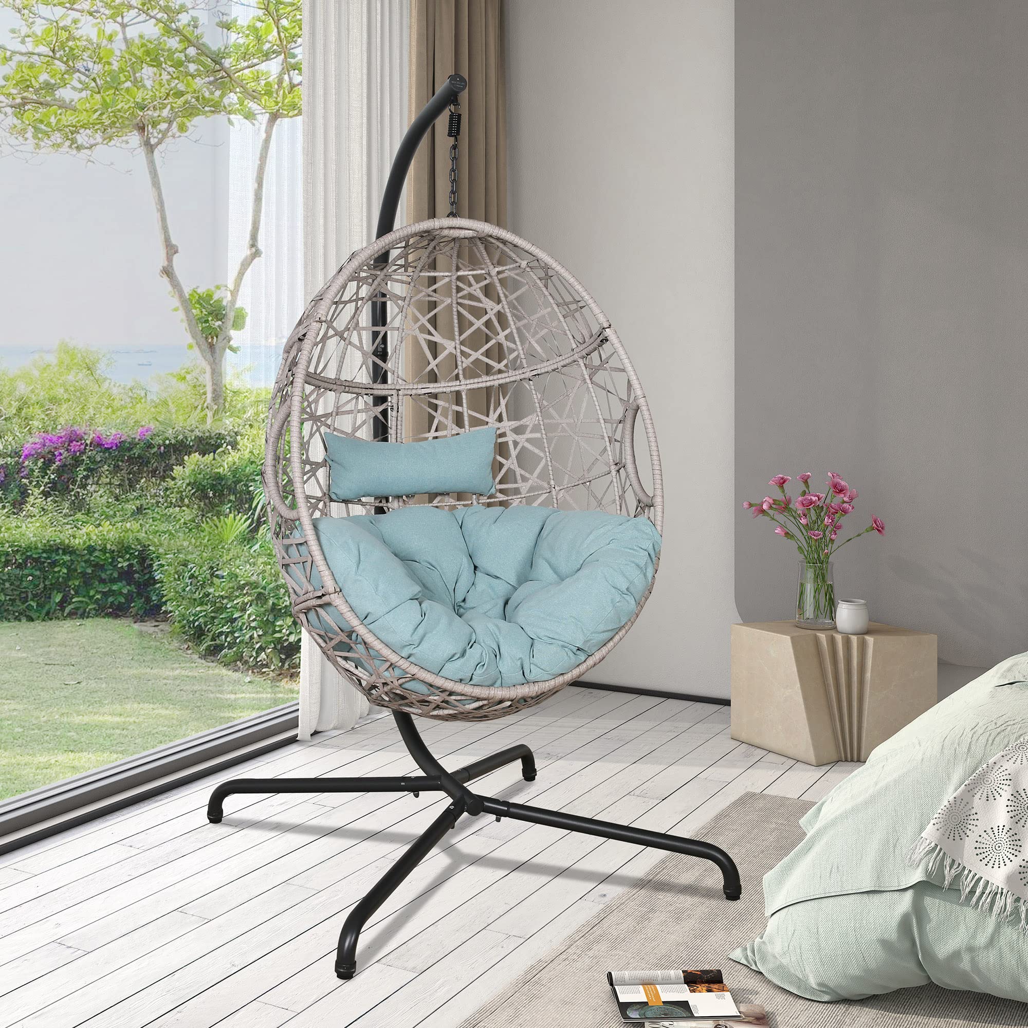 Outdoor Wicker Egg Hanging Chair with Stand - Rattan Hammock Swing Chair with Cushion for Patio, Balcony, Garden, Bedroom - Blue | Perfect for Relaxing, Reading & Lounging in Your Backyard or Indoor Space