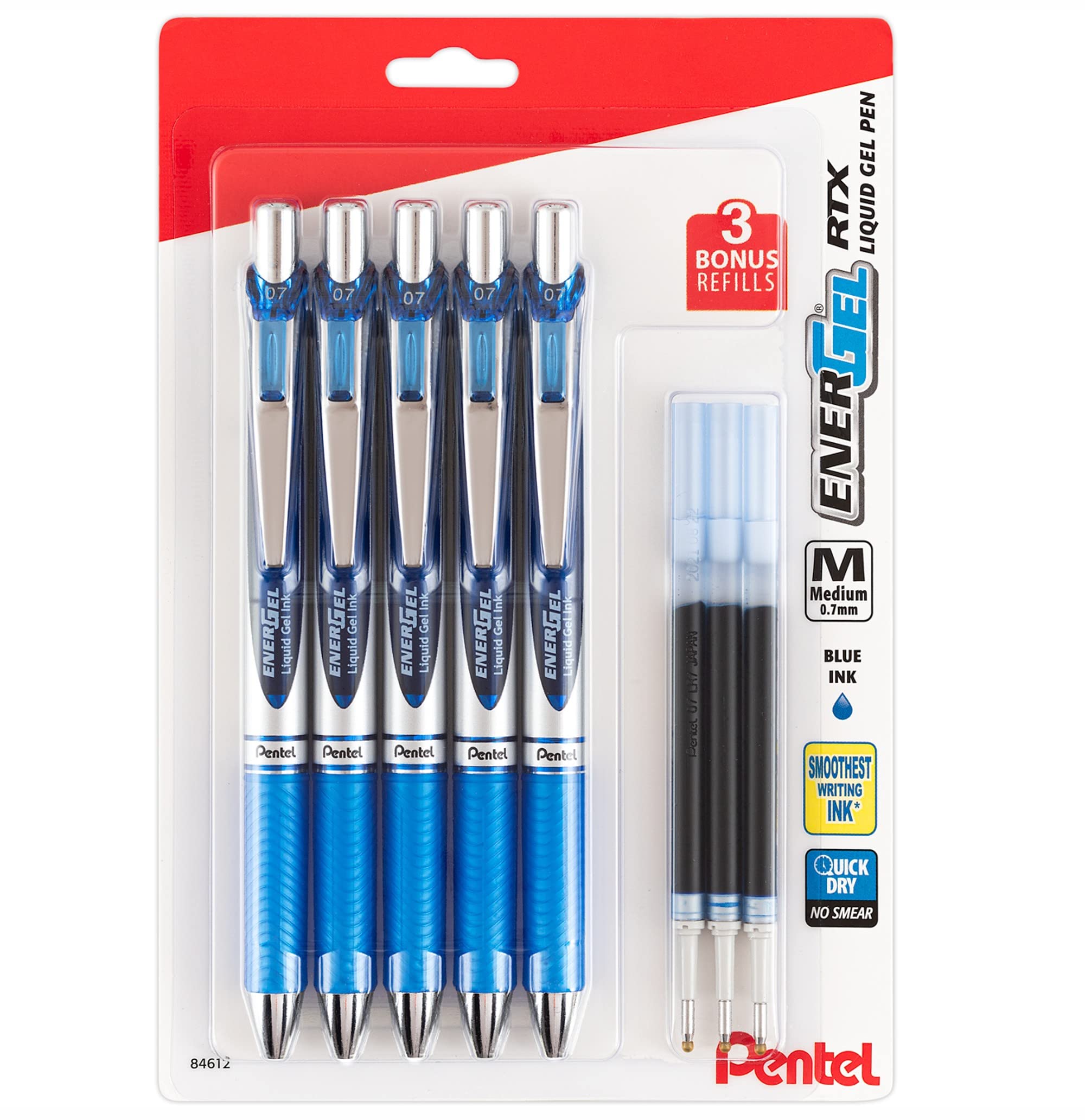 Pentel Energel 0.7mm Metal Tip Liquid Gel Pens - 5 Pack Blue RTX Deluxe Pens with 3 Refills - Smooth Writing for Office, School & Note Taking