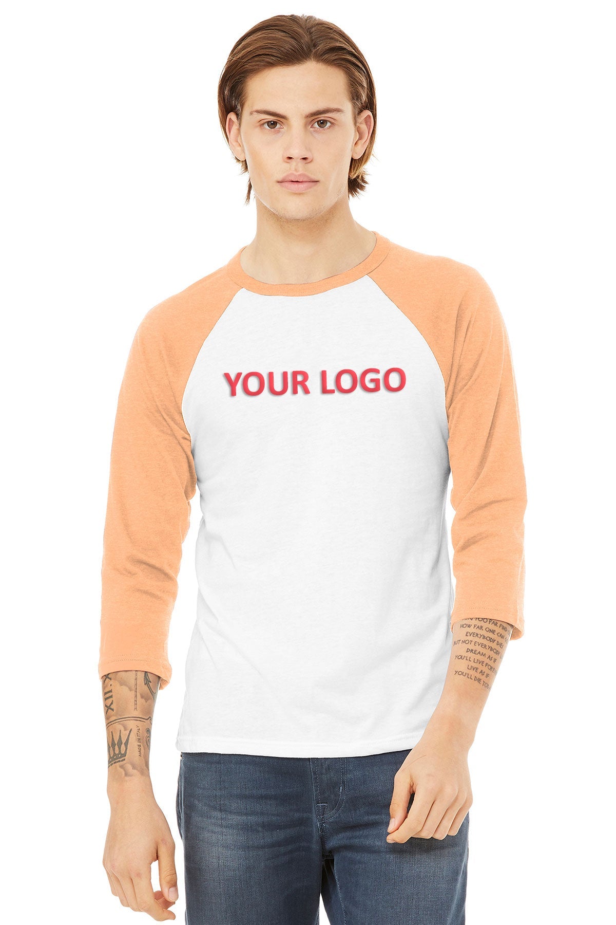 Bella Canvas Unisex 3/4 Sleeve Baseball Tee - Soft Cotton Blend Shirt in White & Heather Peach | Casual Wear, Street Style & Team Sports Apparel
