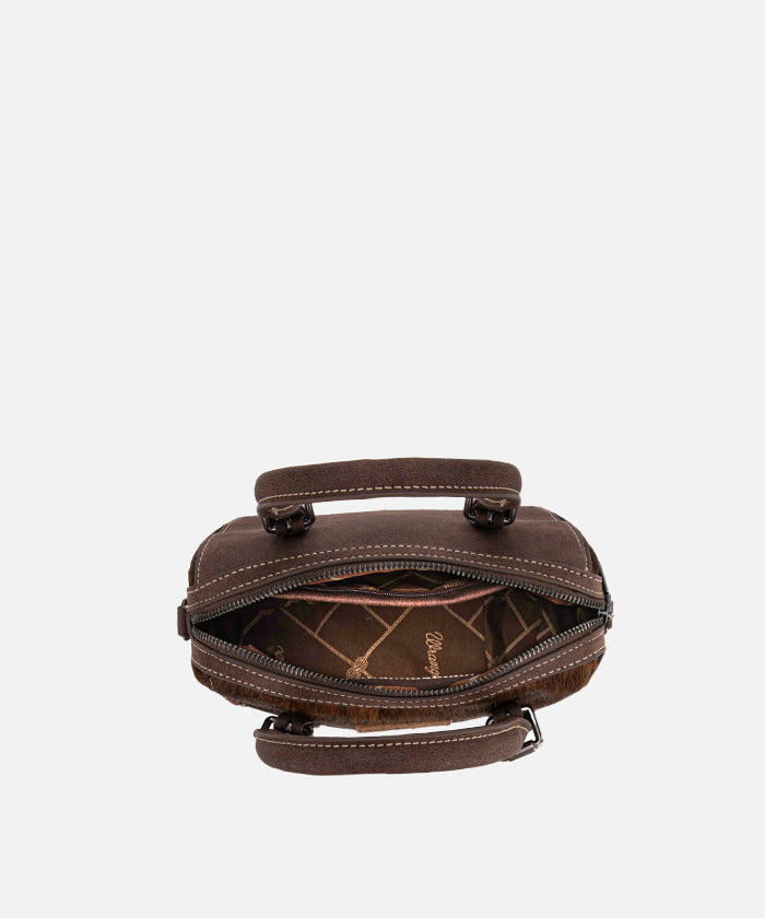 Wrangler Genuine Hair-On Cowhide Barrel Bag - Western Style Leather Crossbody Purse for Women | Perfect for Rodeo, Country Music Festivals & Everyday Use