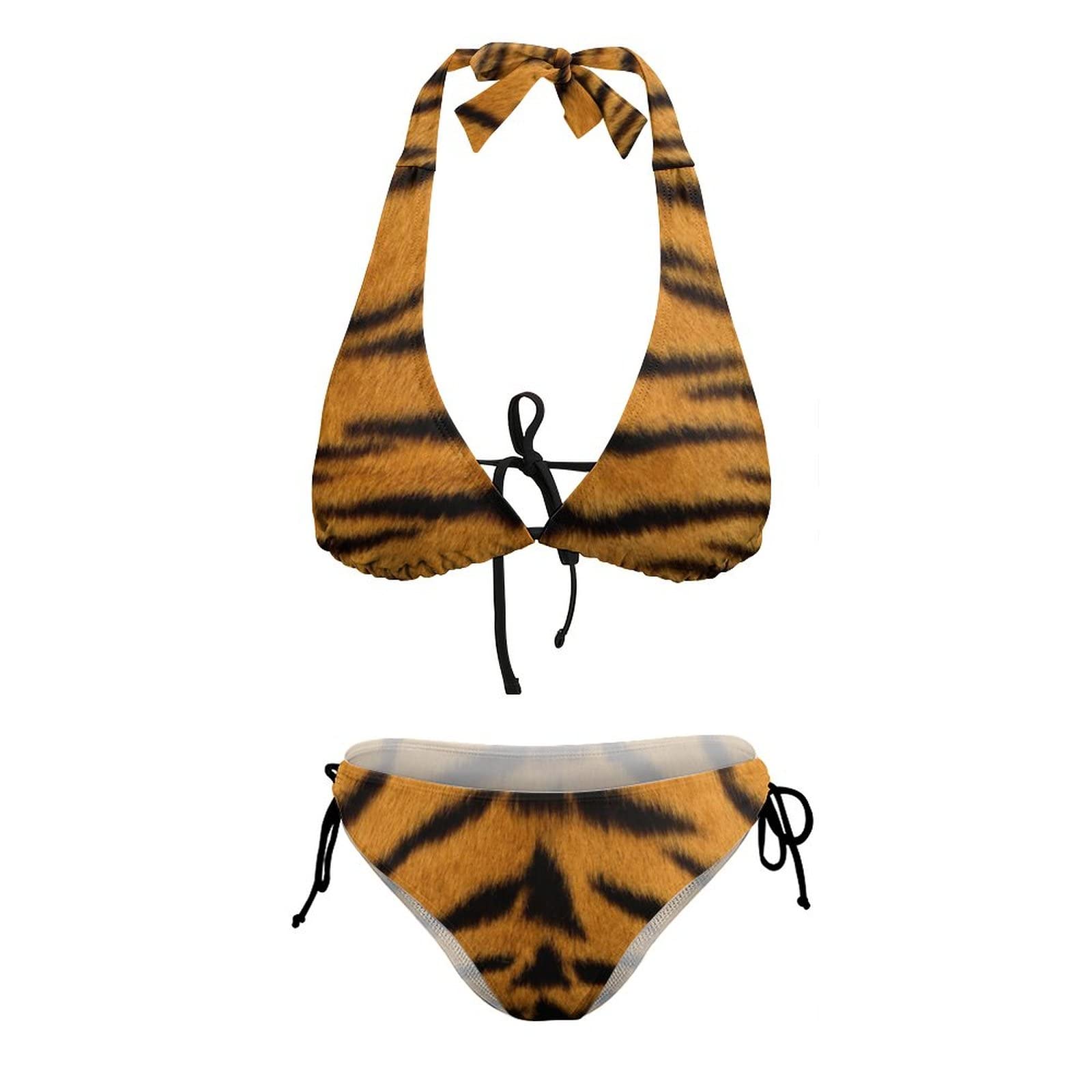 Sexy Women's Triangle Bikini Set - Halter Padded Swimsuit Top with Tiger Print - Perfect for Beach, Pool Party & Summer Vacation