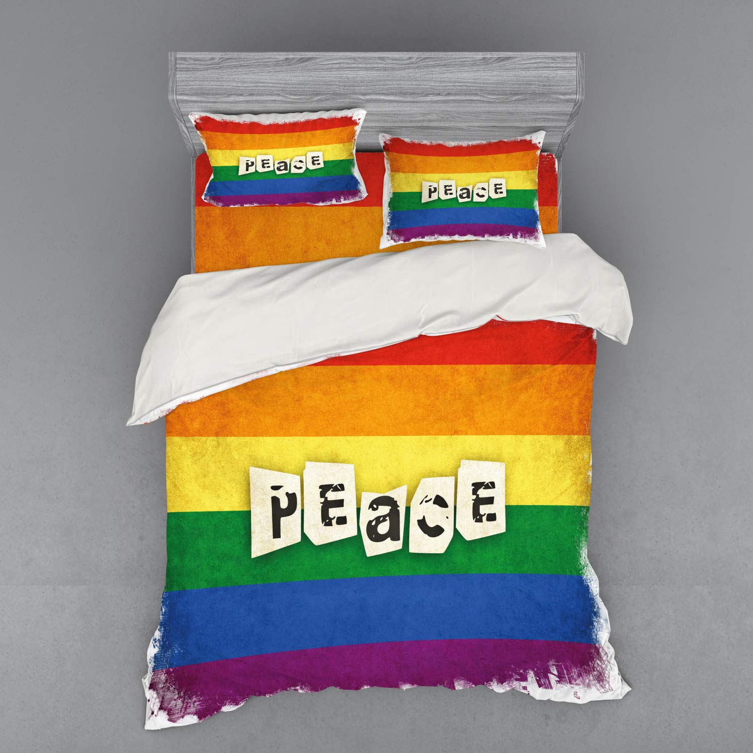 Ambesonne Pride Duvet Cover Set - Vintage Gay Lesbian Flag Print with Grunge Stripes & Peace Wording - 4 Piece Queen Size Bedding Set with Shams & Fitted Sheet - Perfect for LGBTQ+ Themed Bedrooms, Pride Events & Colorful Home Decor