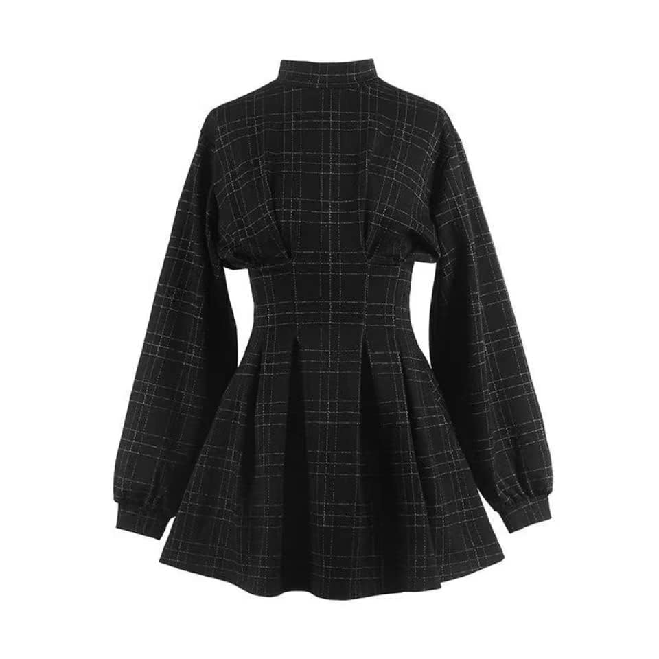 Gothic Plaid Mini Dress - Black Long Sleeve Emo Style Dress for Women | Perfect for Halloween, Concerts & Alternative Fashion