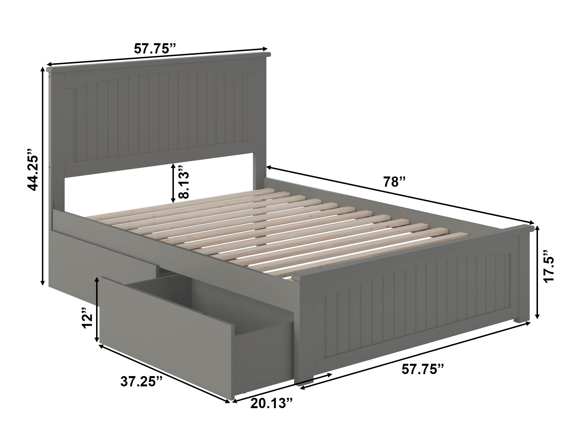 Nantucket Full Size Platform Bed Frame with Matching Footboard & Urban Storage Drawers - Grey Modern Bedroom Furniture for Small Spaces & Guest Rooms