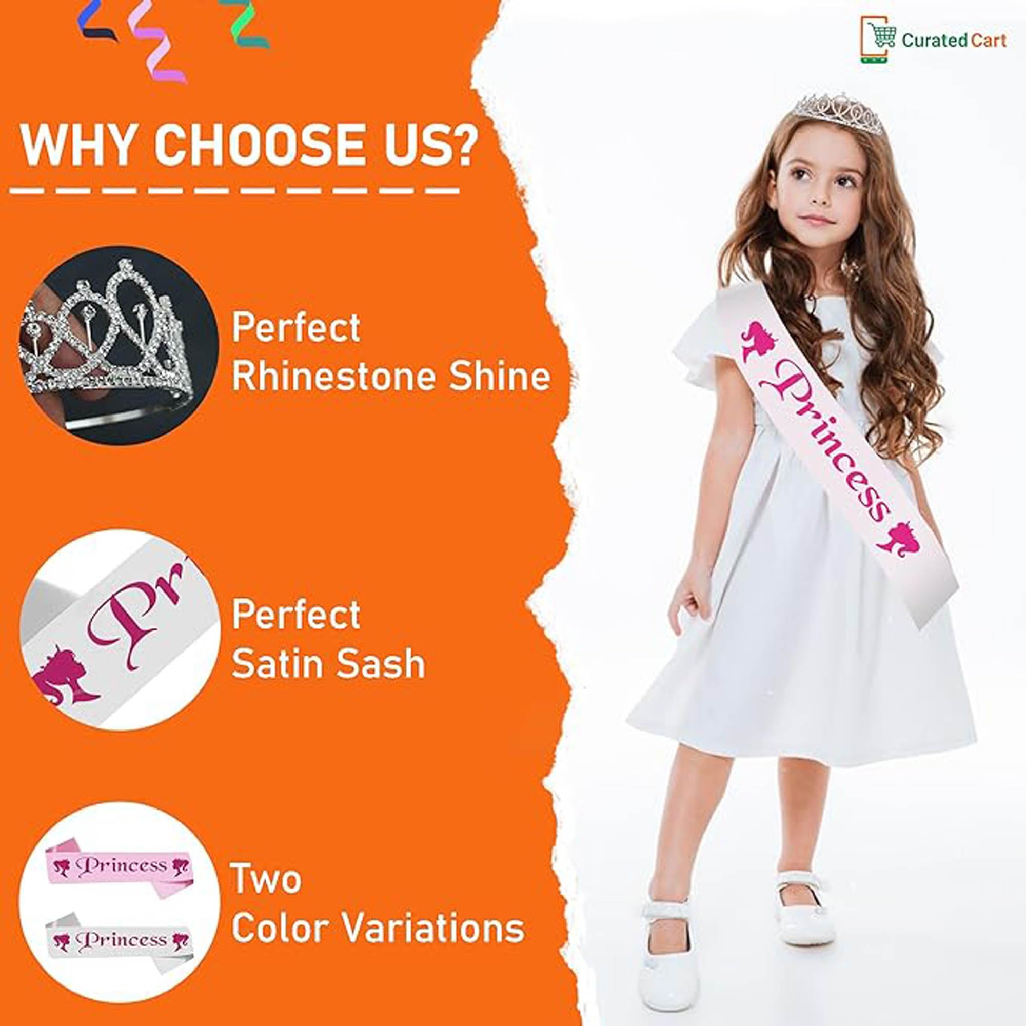 Princess Sash & Crown Set for Birthday Party - Girls Birthday Accessories Combo Kit (White) | Perfect for Birthday Celebrations, Dress-Up Play & Photo Shoots