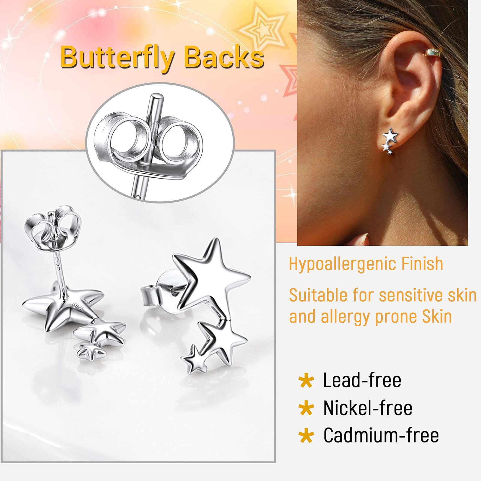 925 Silver Moon Star Heart Stud Earrings for Women - Hypoallergenic Celestial Jewelry for Daily Wear