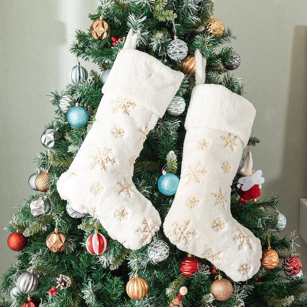 2PCS Luxury White Faux Fur Christmas Stockings - 22inch Large Hanging Xmas Socks with Gold Sequin Snowflake Design for Fireplace Mantel Decor, Holiday Gift Exchange & Cozy Winter Home Decor
