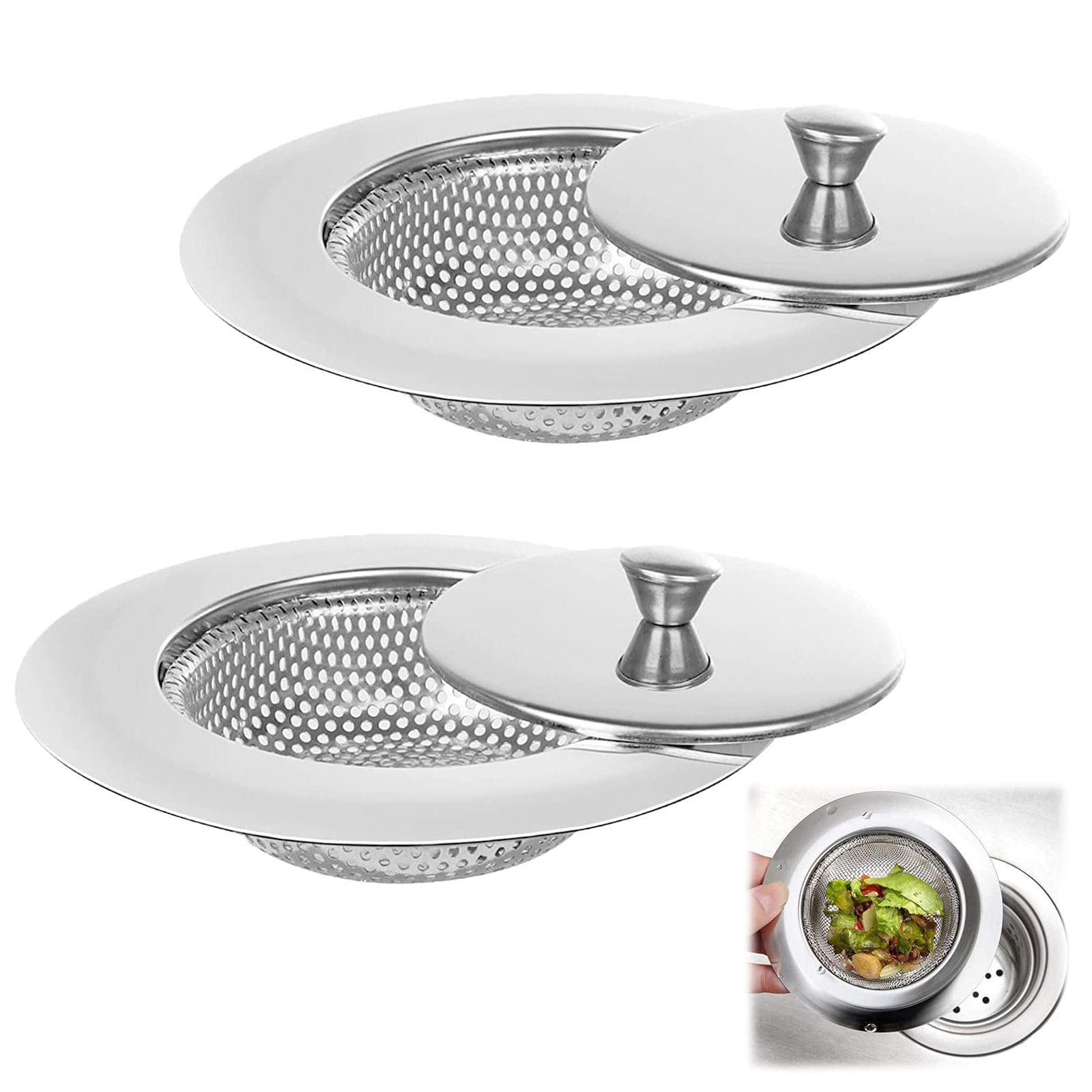 Premium Stainless Steel Kitchen Sink Strainer with Lid - Large Diameter Drain Plug Filter & Food Catcher for Most Sinks (2 Pack) | Prevents Clogs, Easy Cleaning for Garbage Disposal & Dishwashing
