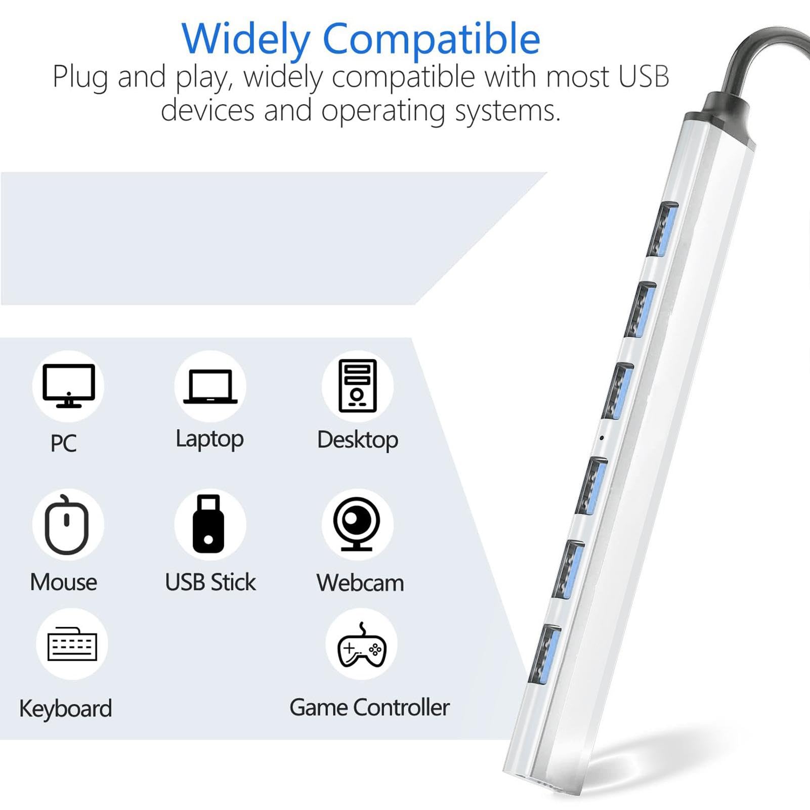 High Speed USB Hub Splitter - Ultra Slim Multiport Dongle Extender for Laptop Docking Station, PC, Flash Drive - Perfect for Home Office, Gaming, and Travel