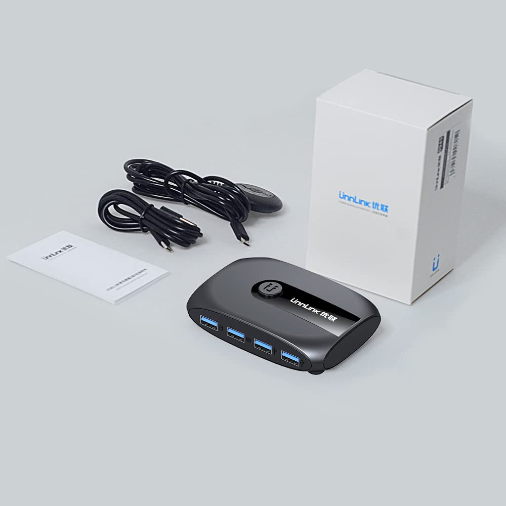 USB 3.0 KVM Switch Selector - 2 Port 4 Device Sharing Hub for Mouse, Keyboard, Printer & Scanner - One-Button Swapping Adapter for Home Office & Gaming Setup