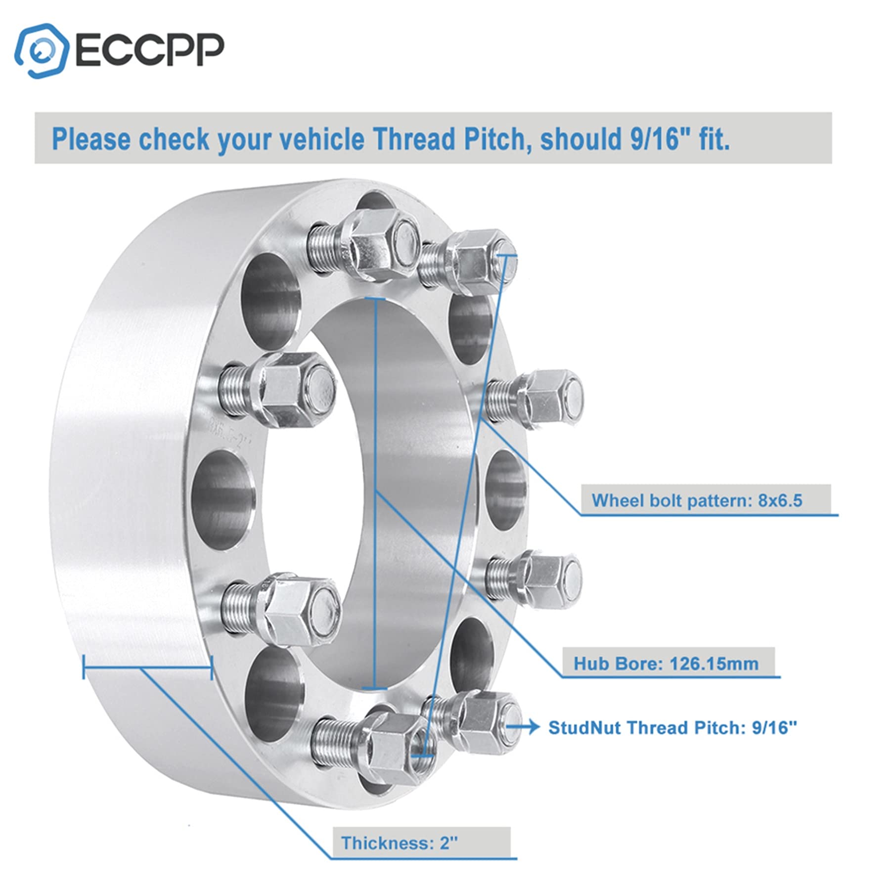 ECCPP 4-Pack 2-Inch 50mm Wheel Spacers 8x6.5 to 8x6.5 Bolt Pattern 8x165.1 to 8x165.1 Hub Centric - Compatible with Ram 2500/3500, Ford F250/F350 (9/16