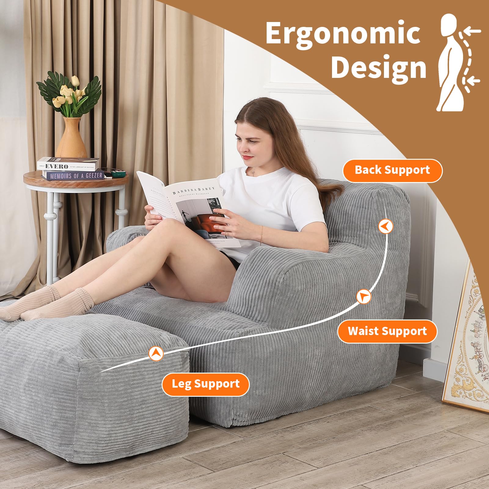 Large Bean Bag Chairs for Adults - Oversized Bean Bag Sofa with Ottoman, Comfy Reading Chair for Dorm, Living Room & Bedroom - Light Grey - Perfect for Relaxing, Gaming & Movie Nights