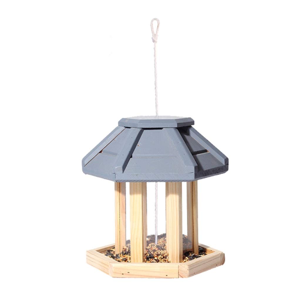 Durable Hexagon Wooden Hanging Bird Feeder for Outside - Wild Bird Seed & Nut Feeder with Roof (18cm x 16cm x 2cm) - Perfect for Garden, Yard Decoration & Attracting Birds