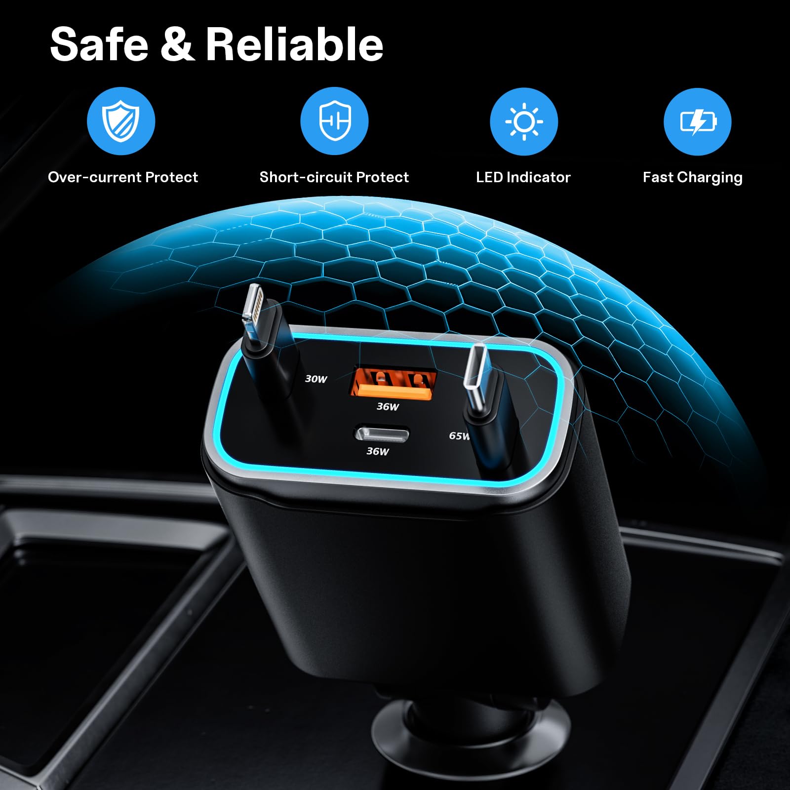 131W Retractable Car Charger with 4 USB Ports - Fast Charging USB C Car Adapter for iPhone 16/15/14/13/12/11 Pro Max - Perfect for Road Trips & Daily Commute