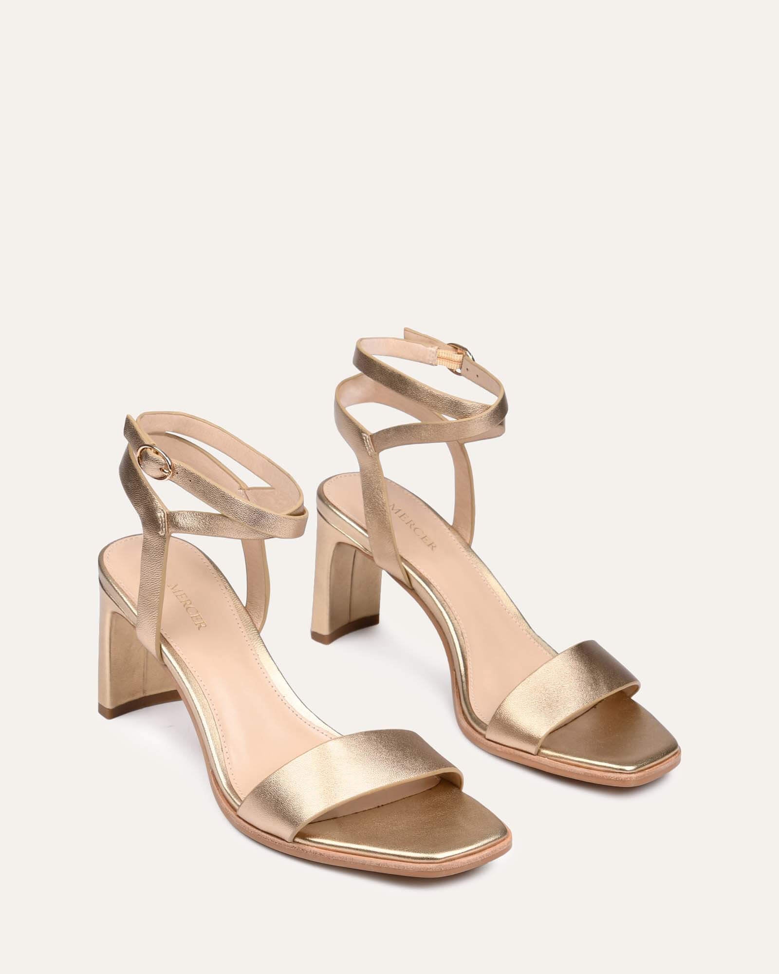 NATSU Women's Mid Heel Sandals - Soft Gold Genuine Leather Comfortable Summer Dress Shoes for Beach, Wedding & Party Occasions