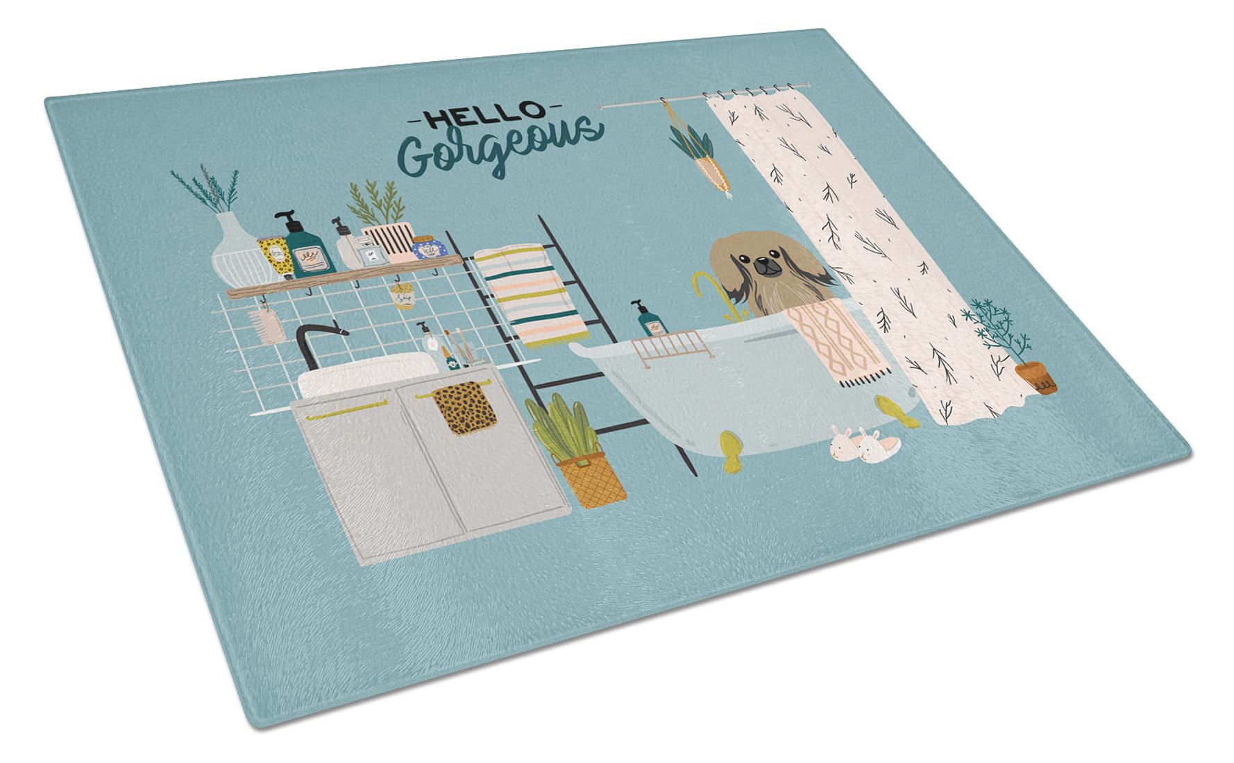 Pekingese Dog in Bathtub Tempered Glass Cutting Board - Large Decorative Kitchen Chopping & Serving Board for Fruits, Cheese, Charcuterie - Durable & Stylish Countertop Decor