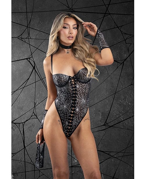Play Into My Web Lace Up Teddy 4-Piece Set - Black L/XL - Sexy Lingerie for Valentine's Day & Romantic Nights