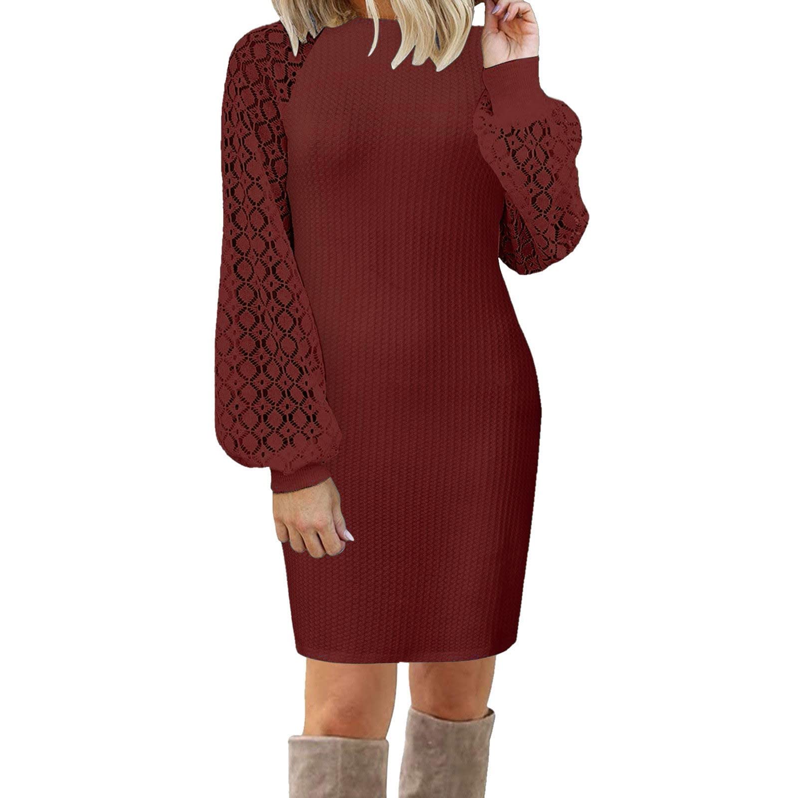 Elegant Women's Long Sleeve Lace Stitching Chiffon Dress - Casual Loose Knit Solid White Skirt for Party, Wedding & Everyday Wear
