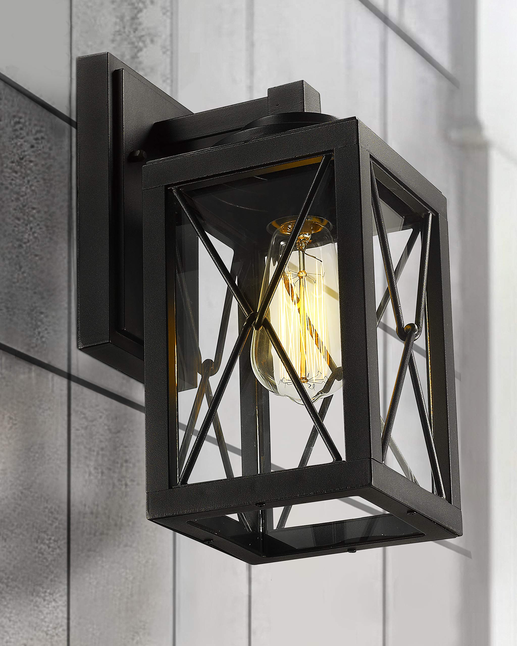 Emliviar Modern Black Outdoor Wall Mount Light Fixture - Clear Glass Exterior Wall Sconce for Porch, Patio, Garden & Entryway Lighting (0387BK)