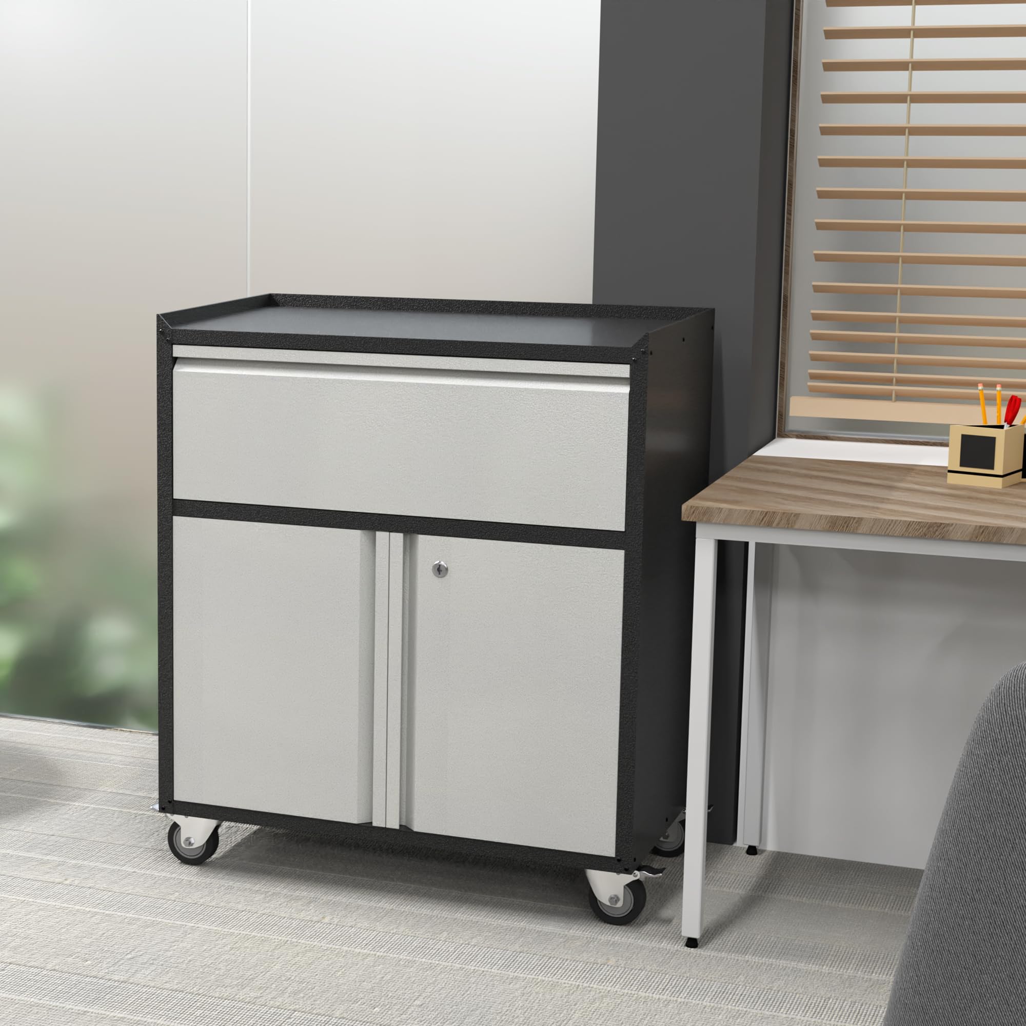 Heavy-Duty Metal Storage Cabinet with Wheels - Steel Rolling Tool Cabinet with 1 Drawer & 2 Doors - Garage, Home Office, Workshop & Garden Utility Organizer (Black/Gray) - Perfect for Tools, Equipment & Supplies Storage