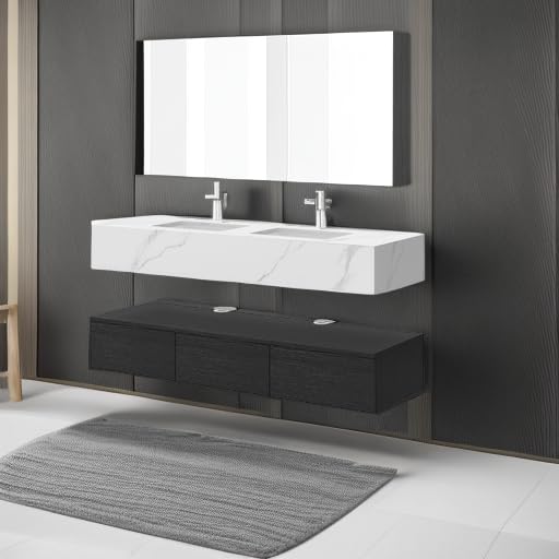 DWVO 60 Inch Floating Bathroom Vanity with Double Sinks - Wall Mounted Storage Cabinet with Sintered Stone Countertop, Ceramic Basin & 3 Drawers - Modern Black Vanity for Master Bathroom, Powder Room or Guest Bath