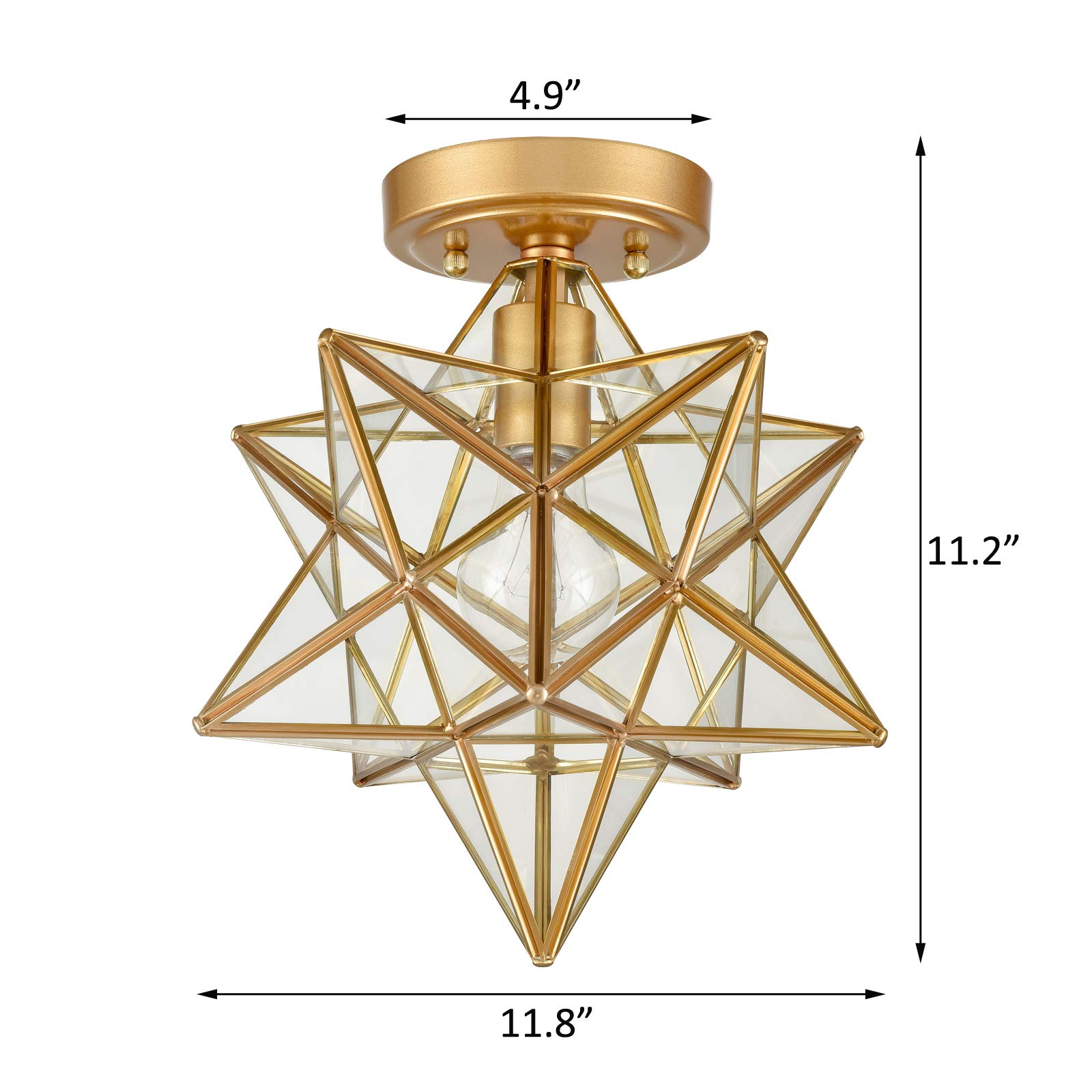 Brass Moravian Star Flush Mount Ceiling Light with Clear Glass - Vintage Industrial Pendant Lighting for Bedroom, Living Room, Dining Room & Hallway