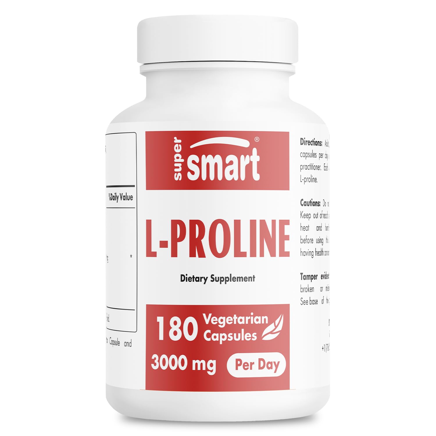 Supersmart - L-Proline 3000mg High Strength Amino Acid Supplement for Collagen Production | Non-GMO, Gluten Free, Vegetarian (180 Capsules) - Supports Skin, Joint & Heart Health | Perfect for Athletes & Anti-Aging Routines