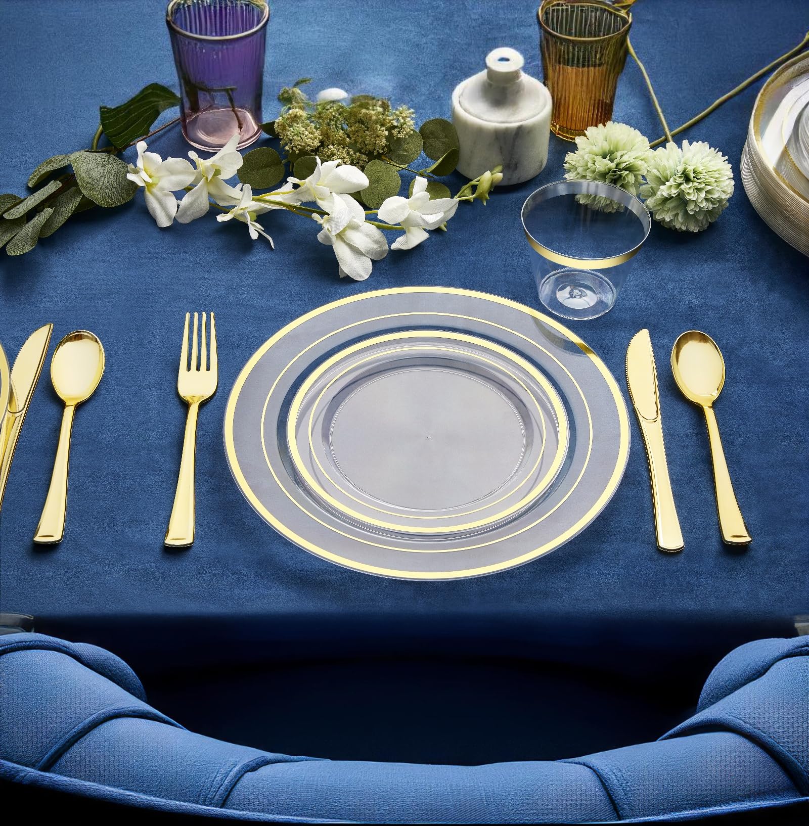 R-kay 100 Pack 10 Inch Clear Gold Plastic Plates - Heavy Duty Disposable Plates for Weddings, Parties, Events & Catering - Elegant & Durable Dinnerware for Special Occasions