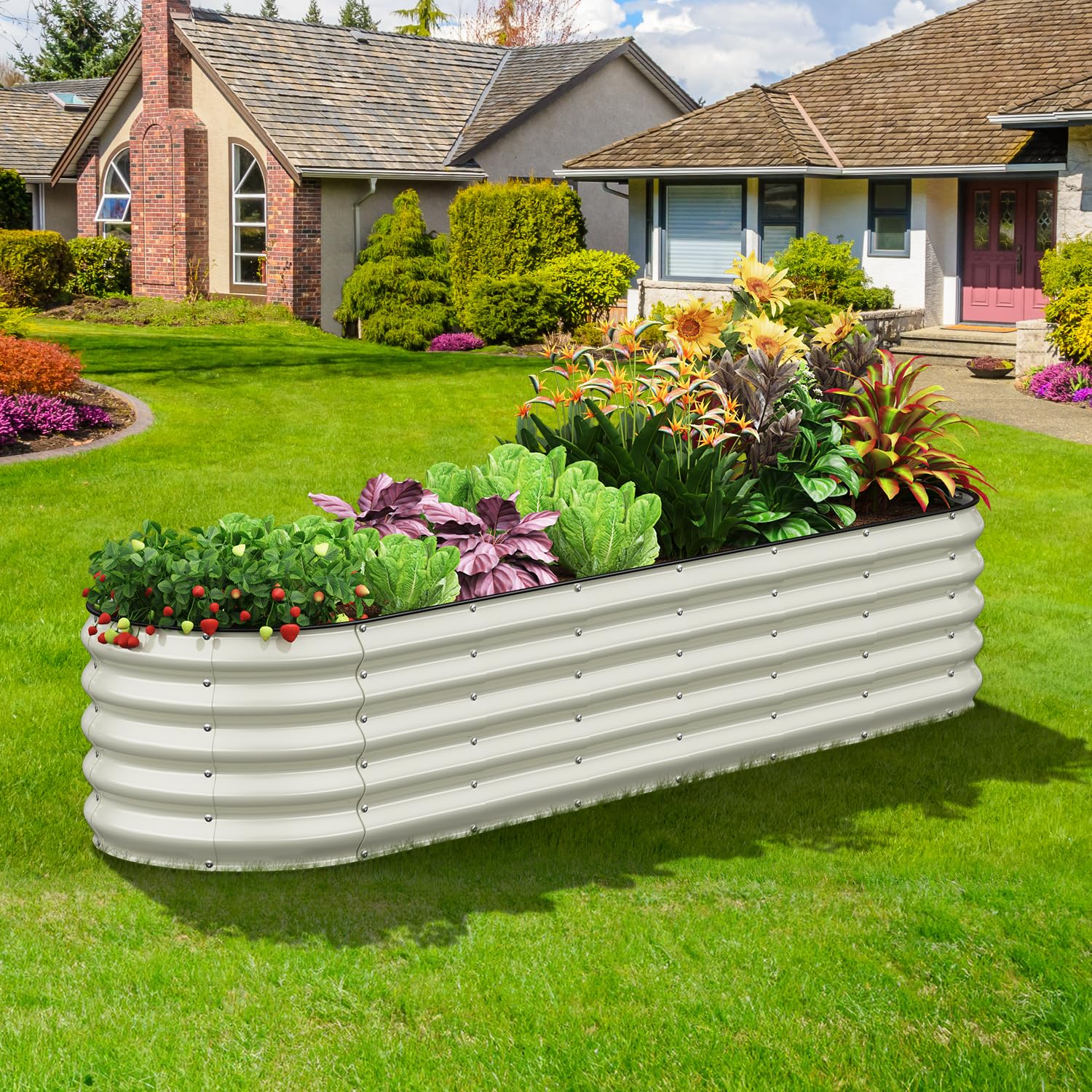 Galvanized Steel Oval Raised Garden Bed Kit - 8x2x1.5 FT Large Metal Planter Box for Vegetables, Flowers & Herbs | Outdoor Gardening Solution | Pearl White Finish | Perfect for Backyards, Patios & Urban Farming