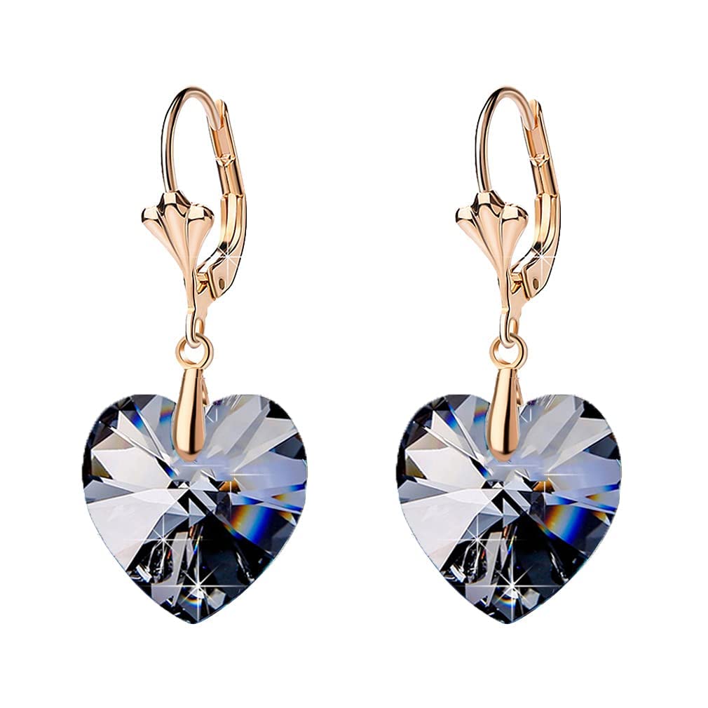 Austrian Crystal Heart Drop Leverback Earrings for Women - 14K Rose Gold Plated Hypoallergenic Dangle Earrings | Elegant Gift for Valentine's Day, Anniversary & Special Occasions