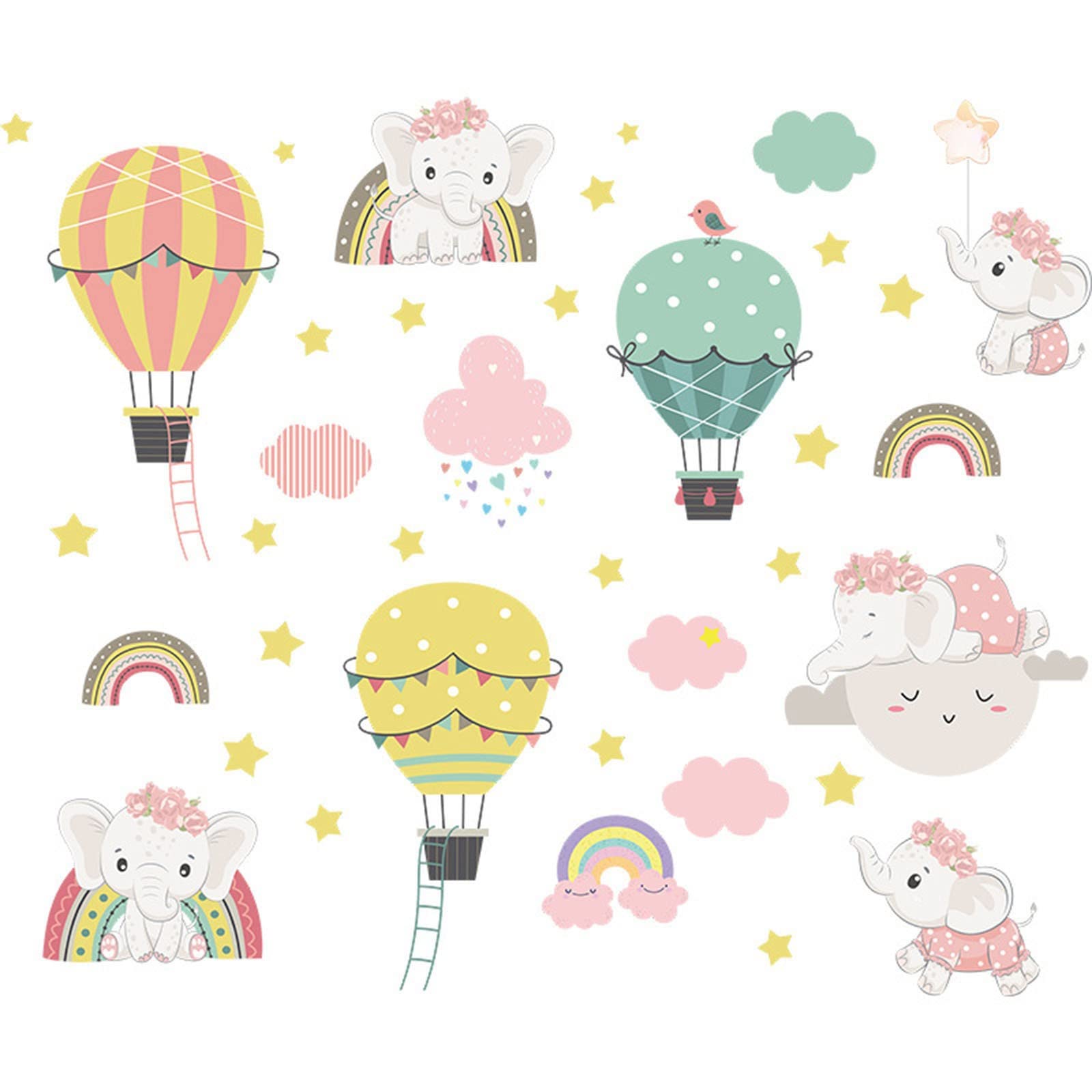 Elephant Cloud Rainbow Hot Air Balloon Wall Decals - Kids Room, Bedroom, Living Room & Bathroom Decor - Removable Vinyl Wall Stickers for Home & Nursery - Silver Wall Art for Playroom & Porch (One Size)
