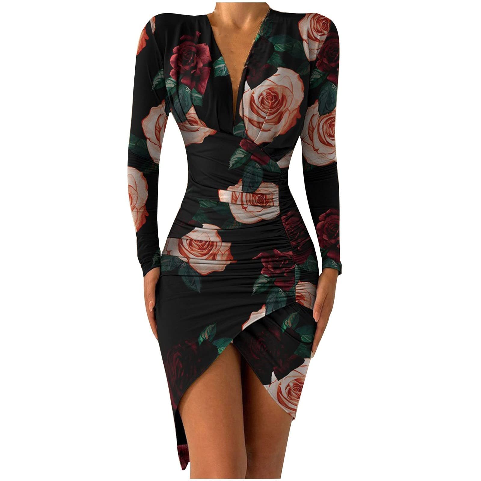 Usuma Women's Sexy Mini Dress - V Neck Long Sleeve Bodycon Cocktail Dress with Unique Print & Asymmetric Hem | Perfect for Night Out, Party, Date Night & Special Occasions