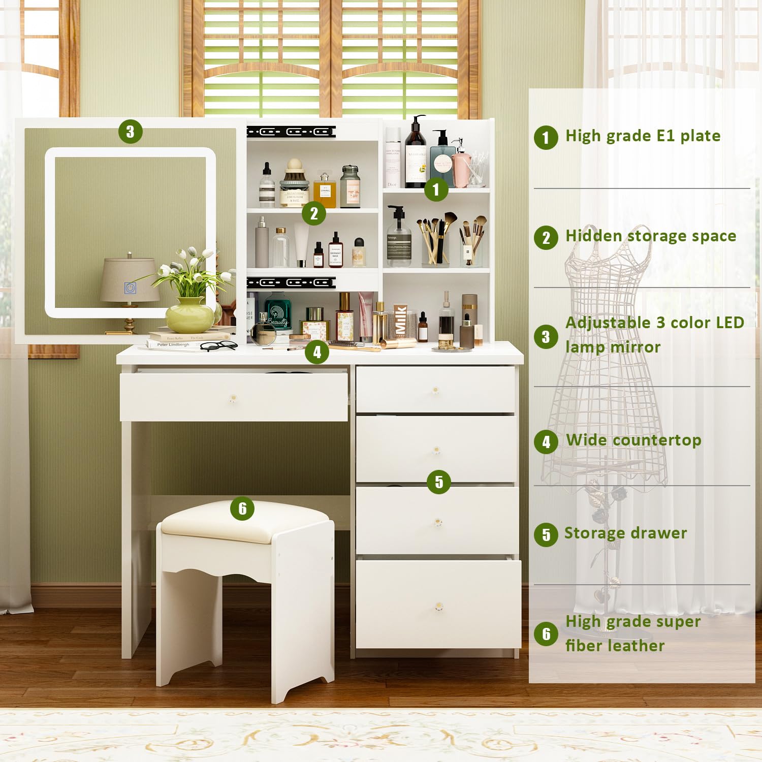 Large Vanity Table Set with Mirror & Stool - 5 Drawers, Shelves, White Sliding Lighted Makeup Dressing Desk for Bedroom, Beauty Salon | Perfect for Makeup Application, Hair Styling & Home Decor