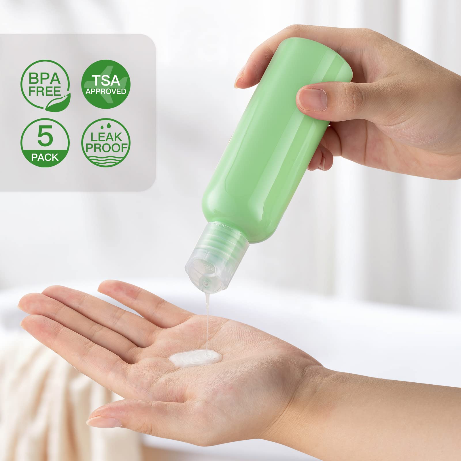 3.4 oz (100ml) TSA Approved Travel Bottles for Toiletries - 5 Pack Leak Proof Small Plastic Shampoo Containers with Labels | Perfect for Airplane Carry On, Gym, Camping & Vacation Essentials