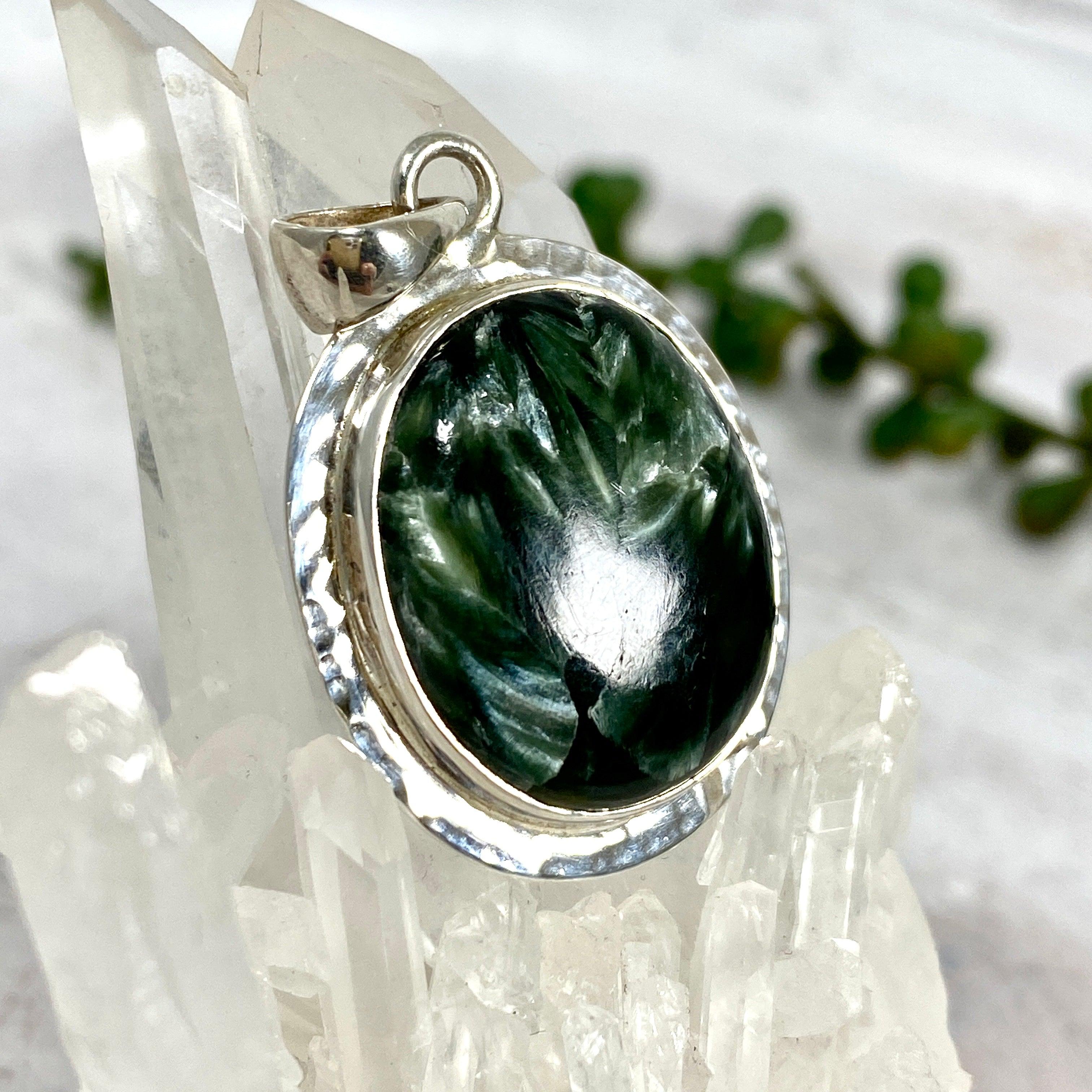 Natural Seraphinite Oval Cabochon Pendant with Handcrafted Beaten Banding - KPGJ2511 | Healing Crystal Jewelry for Meditation & Spiritual Gifts
