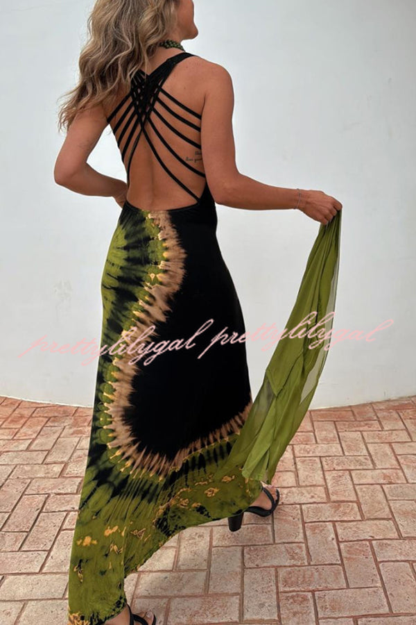 Stylish Summer Tie-Dye Print Back Lace-Up Stretch Maxi Dress for Women - Perfect for Beach Vacations, Music Festivals & Boho Chic Outfits